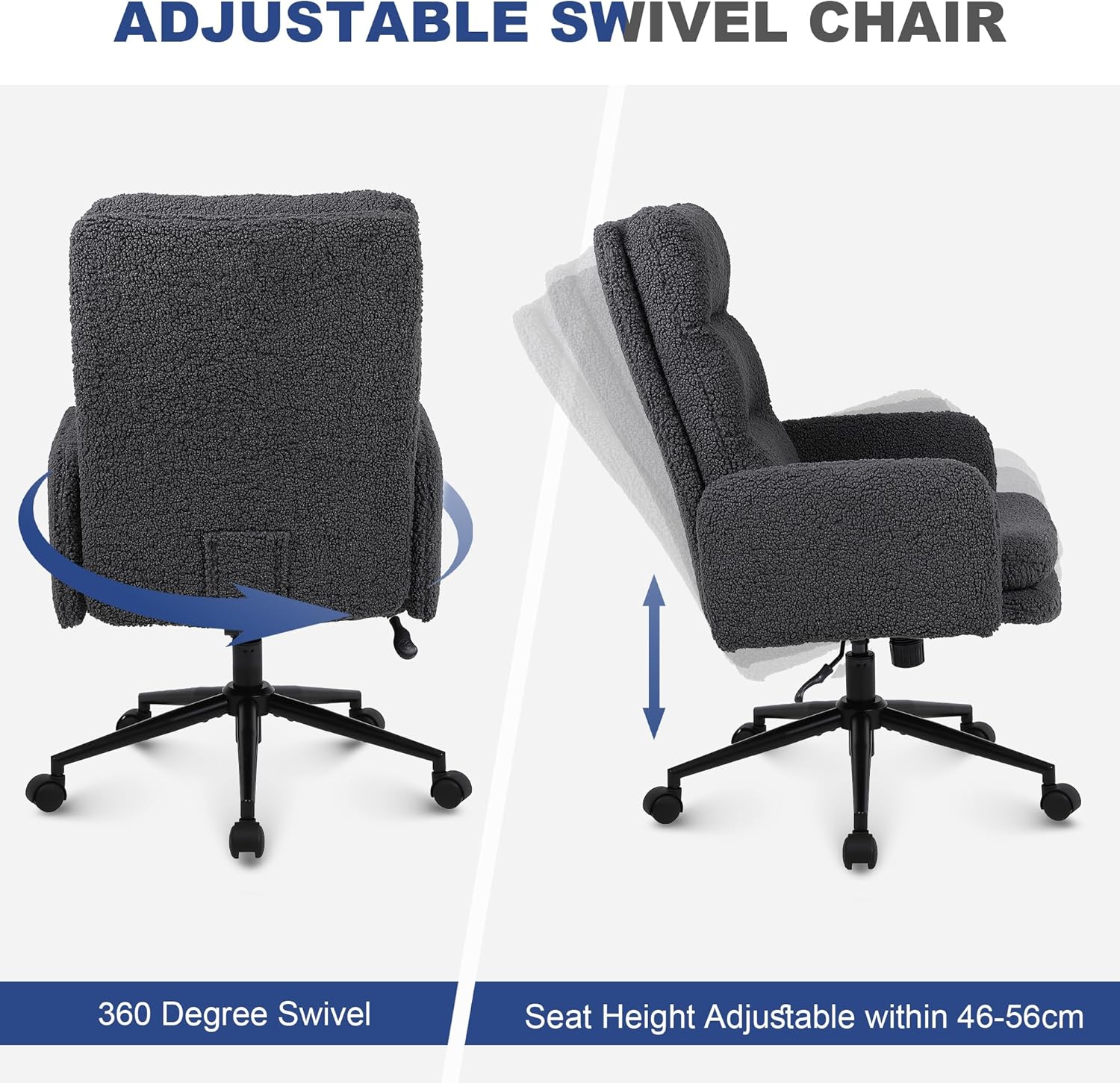 Images showing the 360-degree swivel and seat height adjustment of the office chair