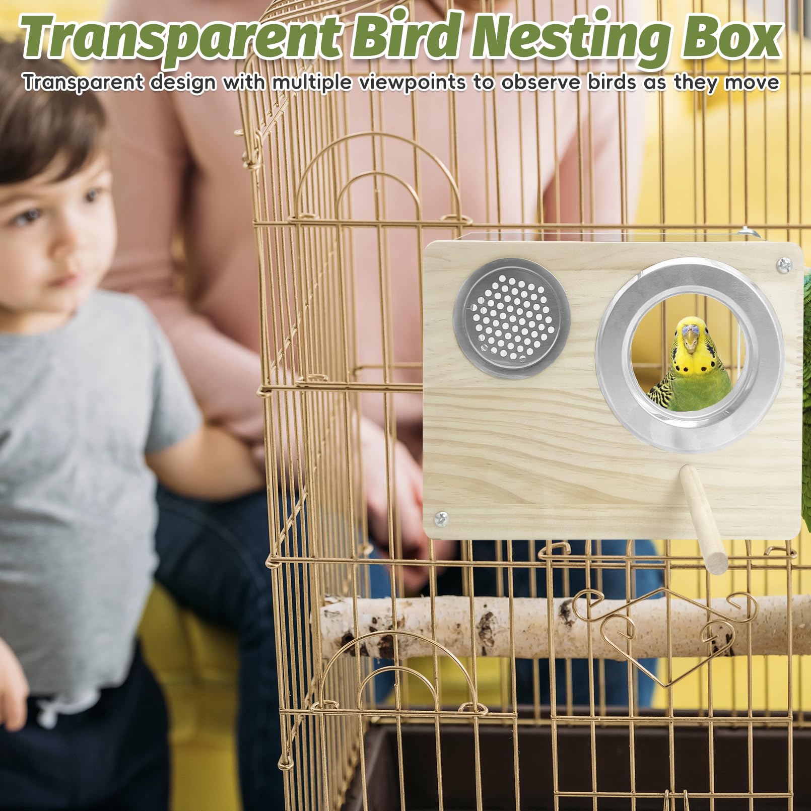 PINVNBY Caja de anidación y cría de acrílico transparente, para jaula, para casa de pájaros con percha, para periquitos, cotorras, loros, cacatúas, agapornis y pájaros pequeños (L: 20,5 x 15,8 x 10 cm