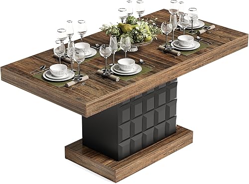 Miniatura 9 de LITTLE TREE Mesa de comedor moderna de 63 pulgadas, mesa rectangular para 4-6, mesa de cocina de granja, base de pedestal de madera resistente para