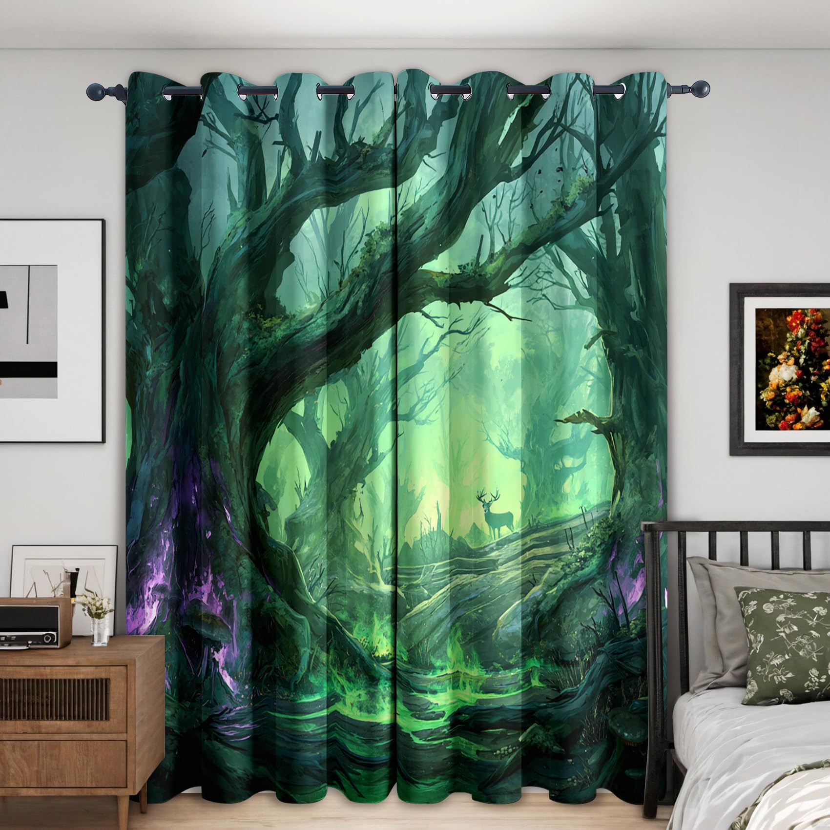 NIYAKA Enchanted Forest Blackout Curtains for Living Room, Magical Fantasy Tree Curtains for Bedroom, Thermal Insulated Eyelet Enchanted Forest Window Treatments 54 Drop, 2 Panels Drapes (W46 x L54)