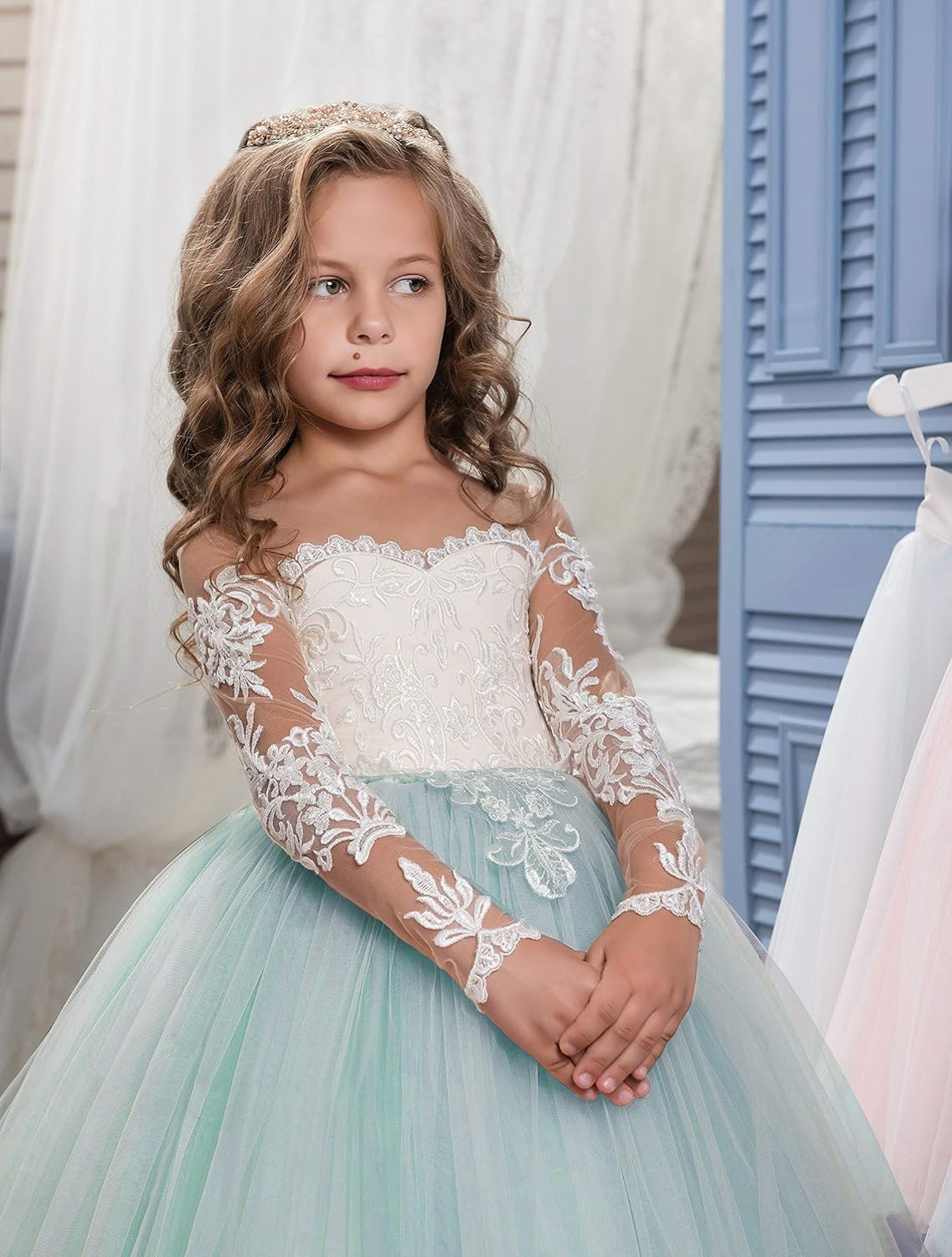 Abaowedding Lace Embroidery Sheer Long Sleeves Kids Trailing Gowns - Image 2