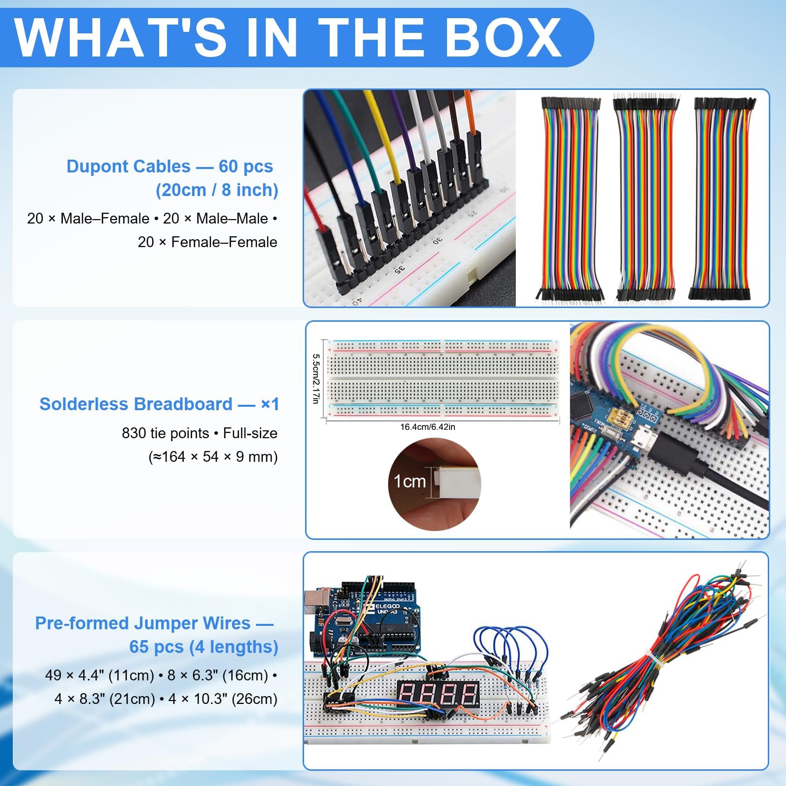 1530 Stück Elektronik Bauteile Kit 9 Arten mit Metallschichtwiderstand,kondensator,Diode,LED Leuchtdioden,Transistor,Dupont Wires,Jumperkabel und Steckbrett, Für UNO R3
