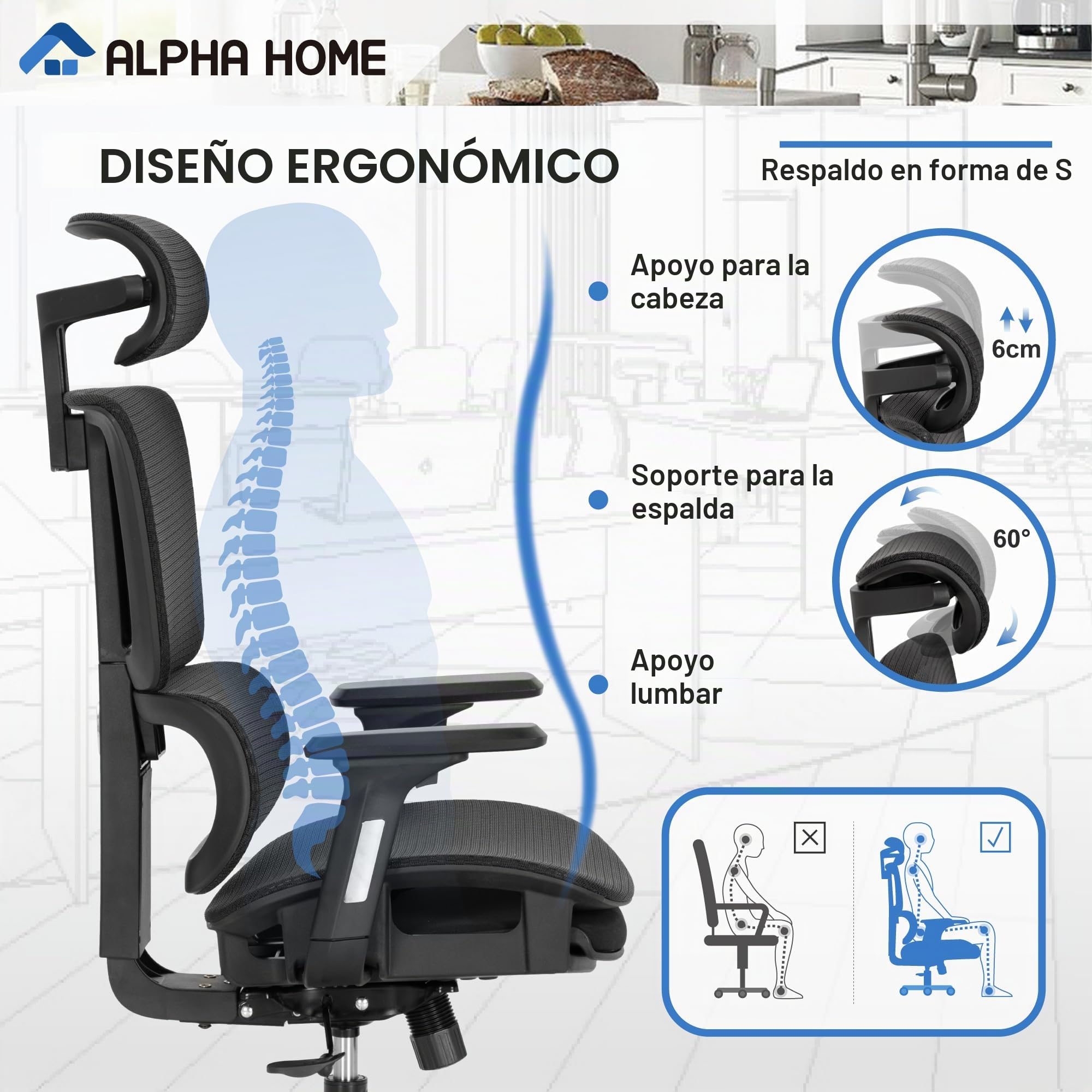 Silla de oficina ergonómica ALPHA HOME con reposapiés retráctil, respaldo alto, silla de escritorio para gerente, silla de oficina para computadora con ángulo de inclinación de 90-130°, con