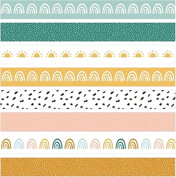 Whaline 82Ft Boho Bulletin Board Borders 8 Designs 72Pcs Rainbow Themed Decoration Colorful Trim Border Stickers for School Classroom Office Party Decoration   