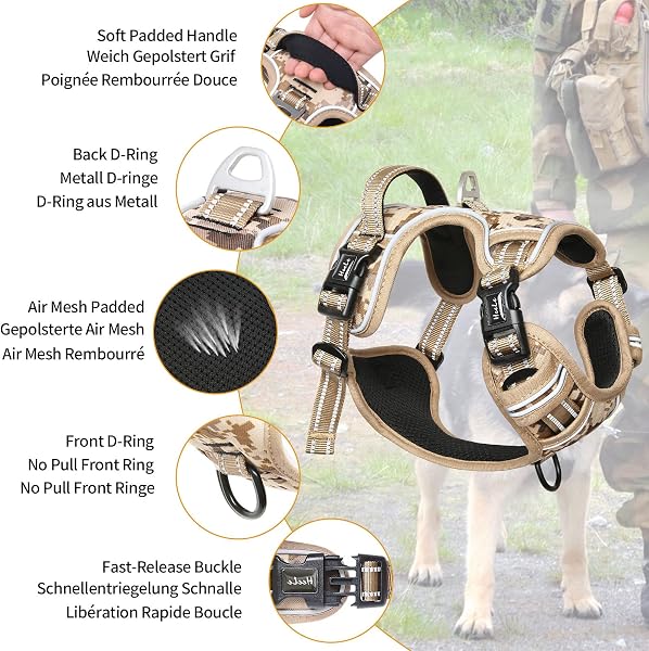HEELE Dog Harness, Quick Released from the Neck, Reflective and Adjustable Anti-Pull Harness with Comfortable Handle, Soft and Padded for Small Medium Large Dogs, Camouflage Brown L - 3