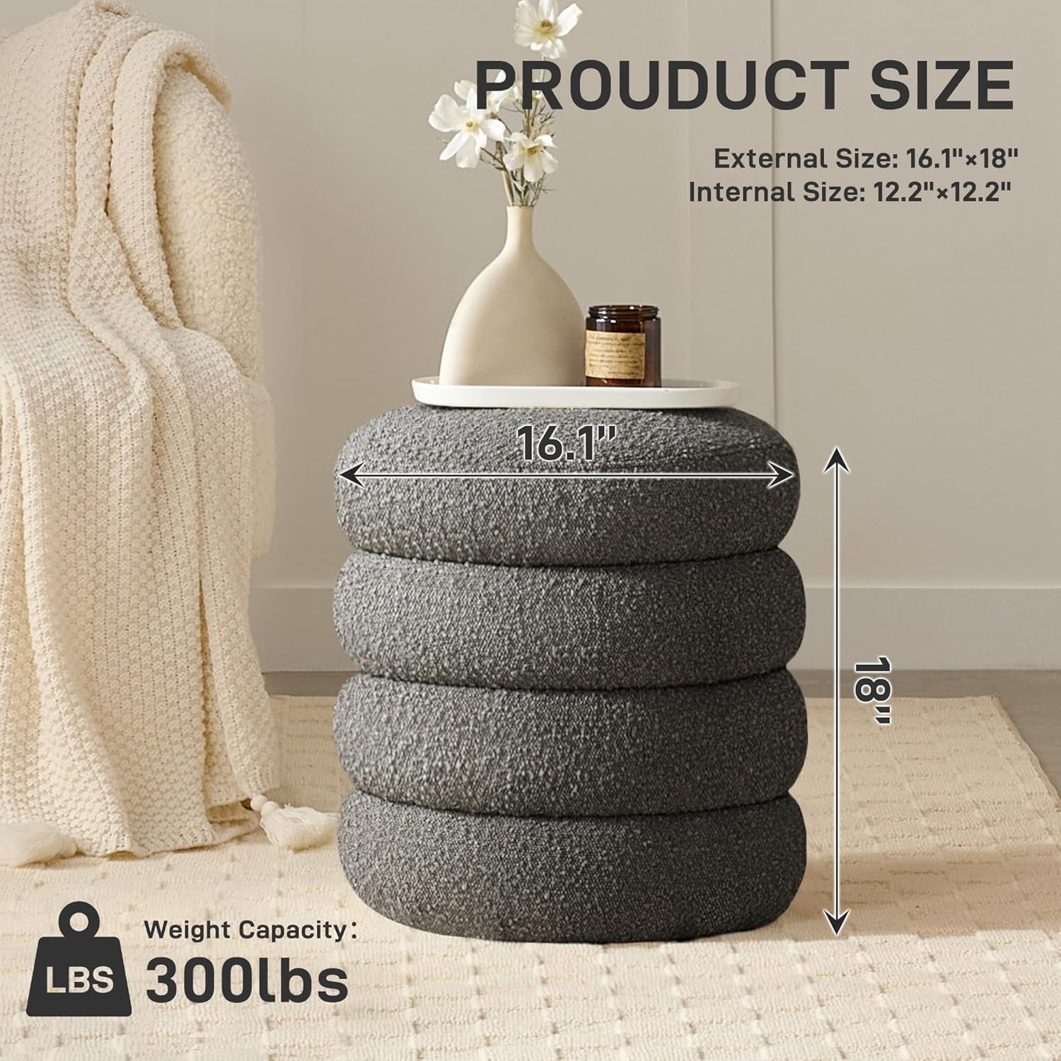 Round Ottoman with Storage Boucle Ottoman Stool Removable Lid for Living Room Modern Upholstered Vanity Storage Stool Foot Rest Bedroom Dorm Gifts Set of 2 (Green)