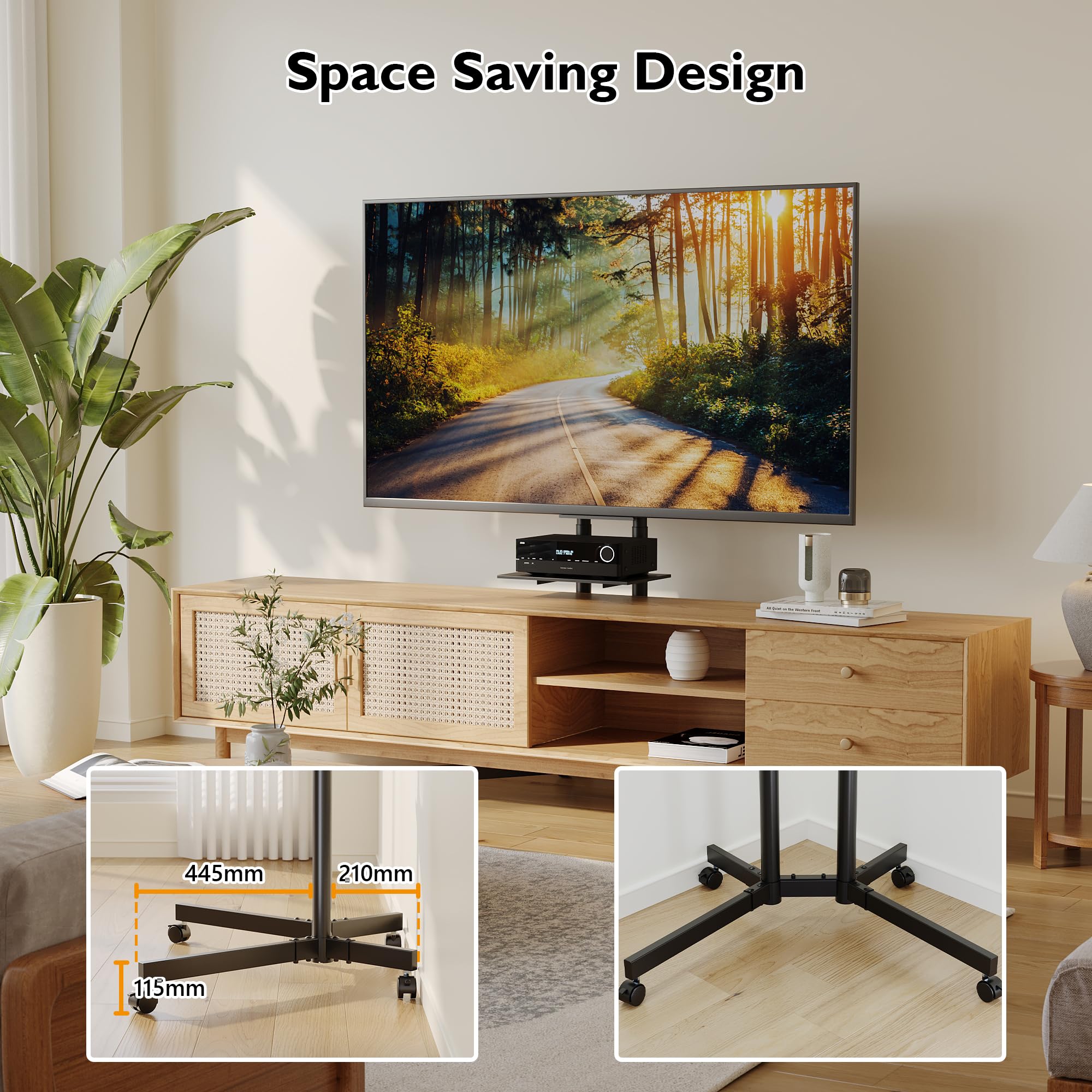 BONTEC Support TV sur Pied avec roulettes, Pied TV Universel Inclinable et Réglable en Hauteur 32-85 Pouces, Charge Max 55 kg, VESA 600x400 mm, Support Télévision Mobile avec Étagère pour Salon