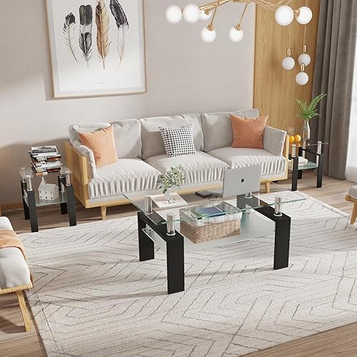 Miniatura 2 de Meihua Juego de 3 mesas auxiliares de cristal y mesa auxiliar, moderno juego de mesa de sala de estar con marco de vidrio templado y metal, mesas