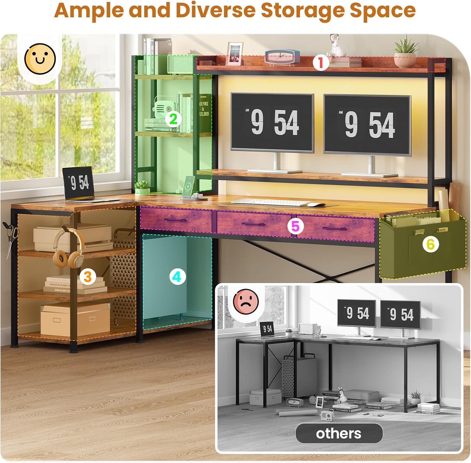 SEDETA 55" L Shaped Desk with Hutch, Corner Computer Desk with Drawers & Shelves, Reversible L Shaped Gaming Desk with Power Strip & LED Lights, Monitor Stand, Headphone Hook, Rustic Brown