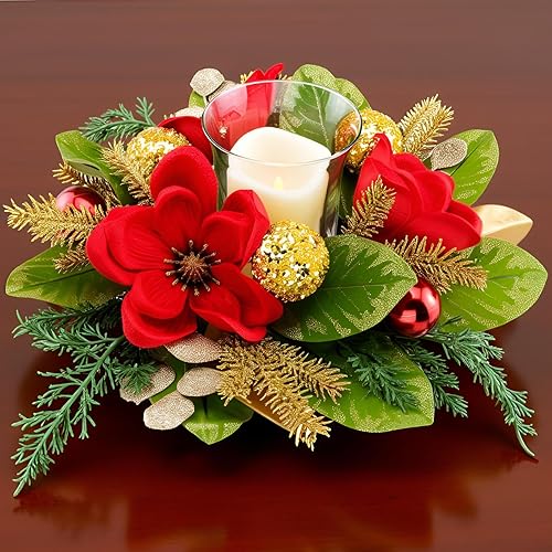 Miniatura 8 de Centro de mesa de 18 pulgadas con portavelas LED sin llama, diseño con magnolia artificial roja, bolas doradas y ramas de abeto para decoración