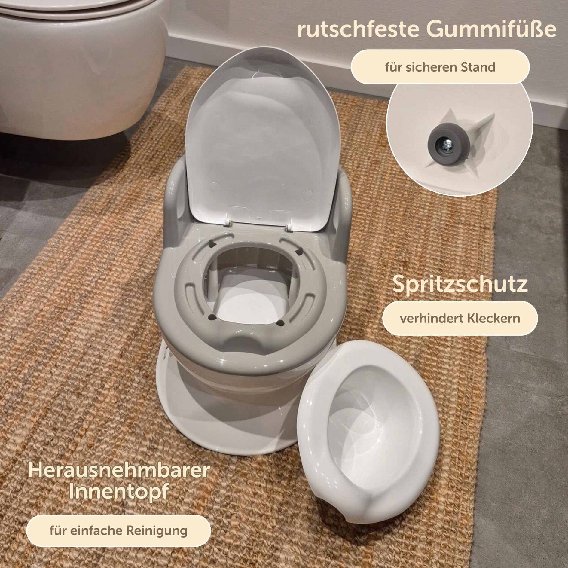 Little Star Kinder Toilette Lerntöpfchen ab 18 Monate – Realistische Kleinkindtoilette mit Rückenlehne & Griffen – Herausnehmbarer Einsatz – Rutschfestes Töpfchen für Toilettentraining - weiß/grau