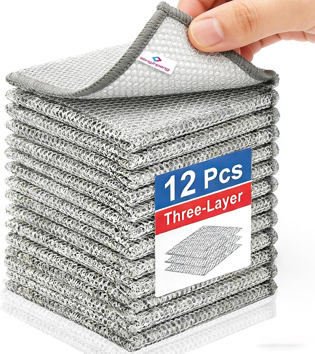 Wangjinpeng12 Pcs New Upgrade 3-Layer Metal Dish Cloths, Non-Scratch Odor-Free Multipurpose Wire Dishwashing Rags for Wet Dry Use, Kitchen Cleaning Cloths for Dishes, Sinks & Stove Tops(7.87X7.87)