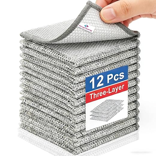 Wangjinpeng12 Pcs New Upgrade 3-Layer Metal Dish Cloths, Non-Scratch Odor-Free Multipurpose Wire Dishwashing Rags for Wet Dry Use, Kitchen Cleaning Cloths for Dishes, Sinks & Stove Tops(7.87X7.87)