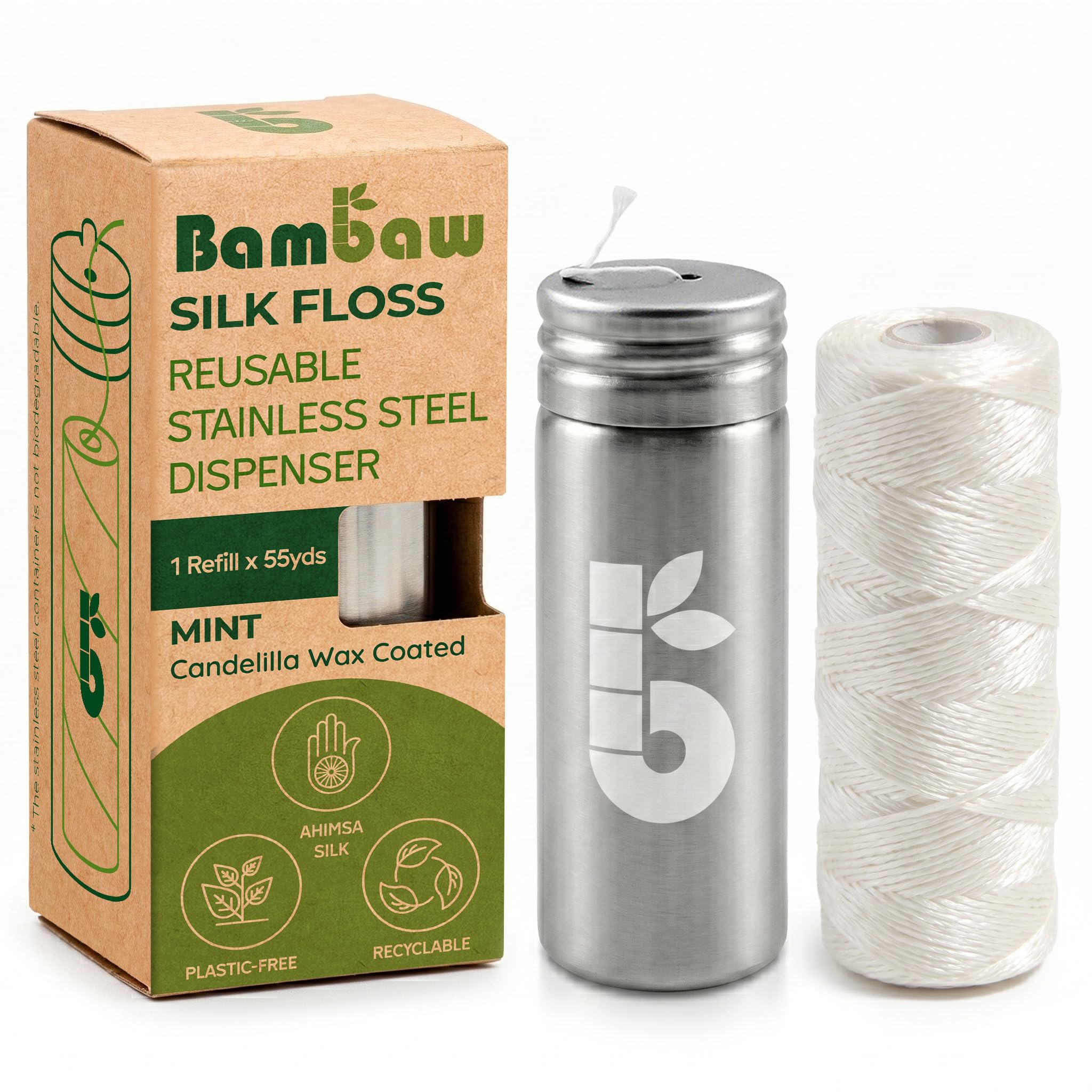 Natural Silk Dental Floss | Candelilla Wax Tooth Floss | Natural Dental Tape | Plastic Free Dental Floss | Eco Floss | Stainless Steel Dispenser | Zero Waste Floss | Silk Floss | Mint | 55 yd | Bambaw-image-37