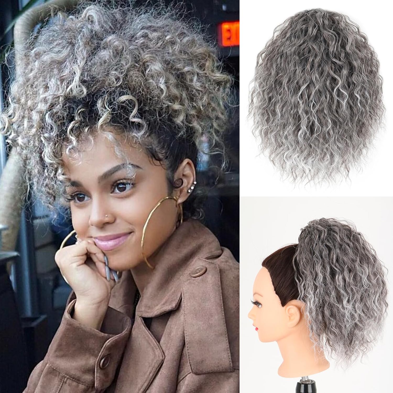 CINHOO Loose Wavy Curly Messy Bun Hair Piece for Thinning Hair Pieces for Women,Short Gray Mix Light Brown Drawstring Ponytail Extensions for Women Synthetic Hair Extensions for Women(Grayish Brown)