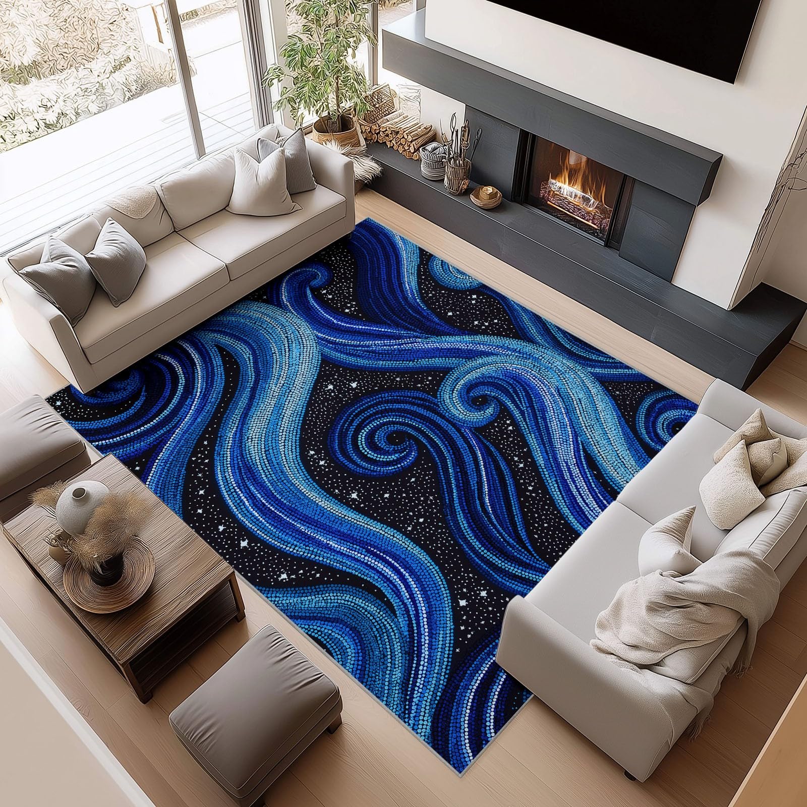 Générique Tapis Salon Lavable en Machine Fantaisie Rétro Mystérieux Étoiles, Tapis de Chambre à Poils Courts, Antidérapant Doux, Idéal pour Salle de cinéma Chambre sous-Sol, Bleu-Noir, 160 x 230 cm