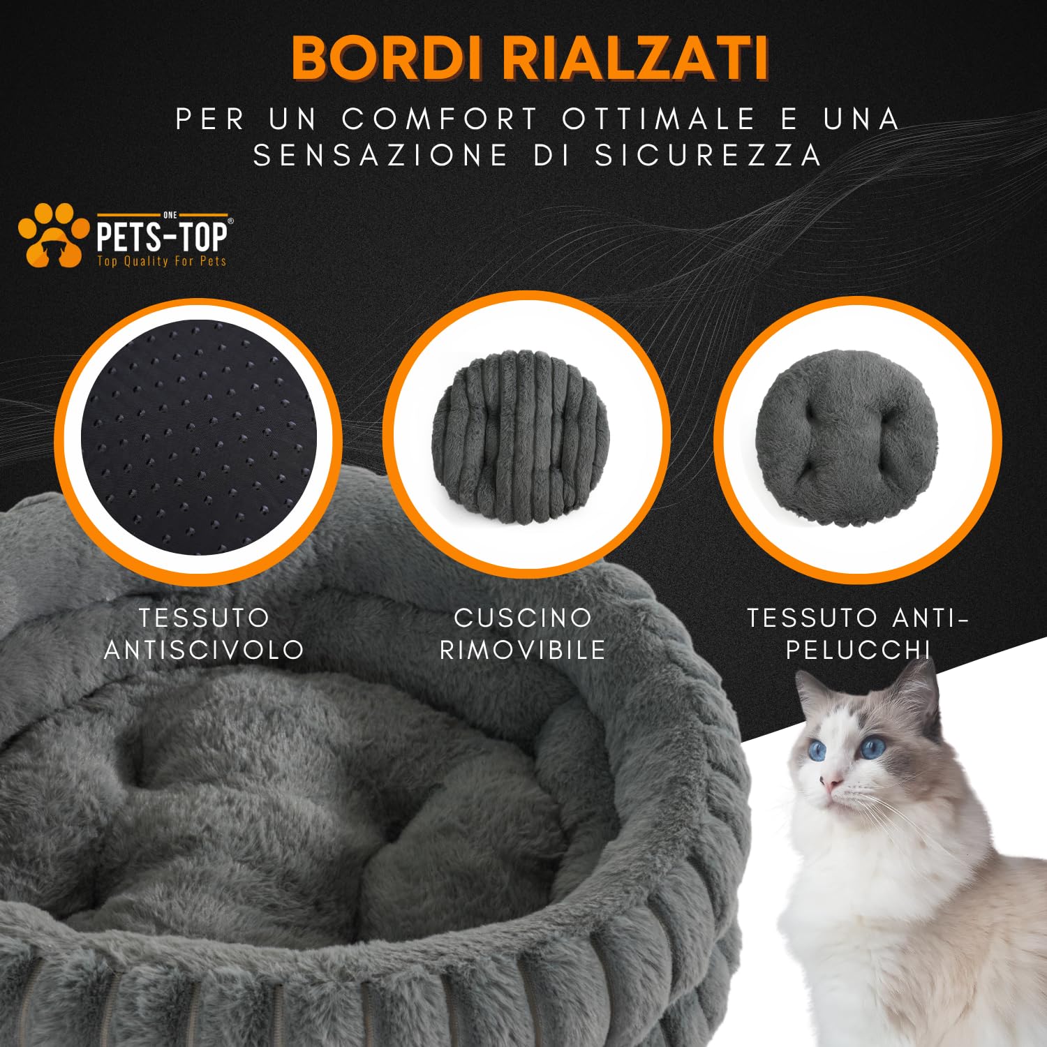 One PETS-TOP Cuccia gatto pelosa lavabile – Cat bed morbido e caldo per gatti e piccoli cani – Cuccia in peluche per interno (Grigio, 60 cm) (grigio, L 50 x l 50 x H 18 cm)