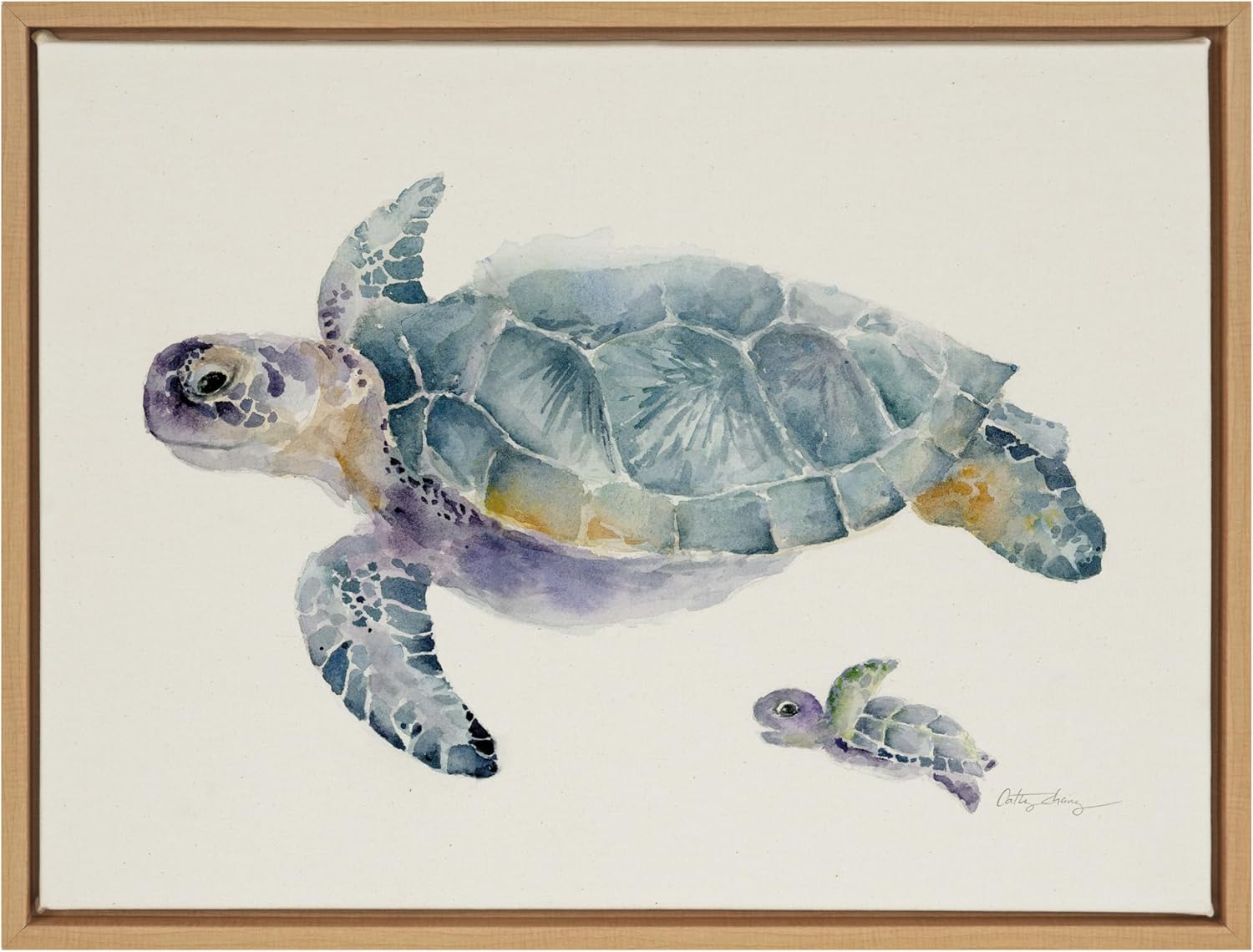 Kate and Laurel Sylvie Swim Along with Me Turtle Framed Linen Textured Canvas Wall Art by Cathy Zhang, 18x24 Natural