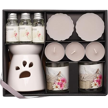 Zuvo Candle Gift and Hamper Set of 11. 3 x Fragranced Oil, 1 x Ceramic oil Burner, 2 x Wax Melts 3 x Tea Lights, 2 x Scented Glass Candle (Fresh Linnen)