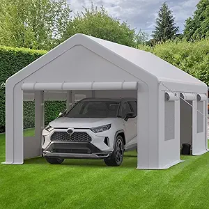 10x20ft Carport Heavy Duty, Portable Garage with 4 Doors + 4 Window, Upgraded Carport with Reinforced Steel Poles, Uv Resistant Waterproof Tarp, Portable Carport for Car, Truck, Boat