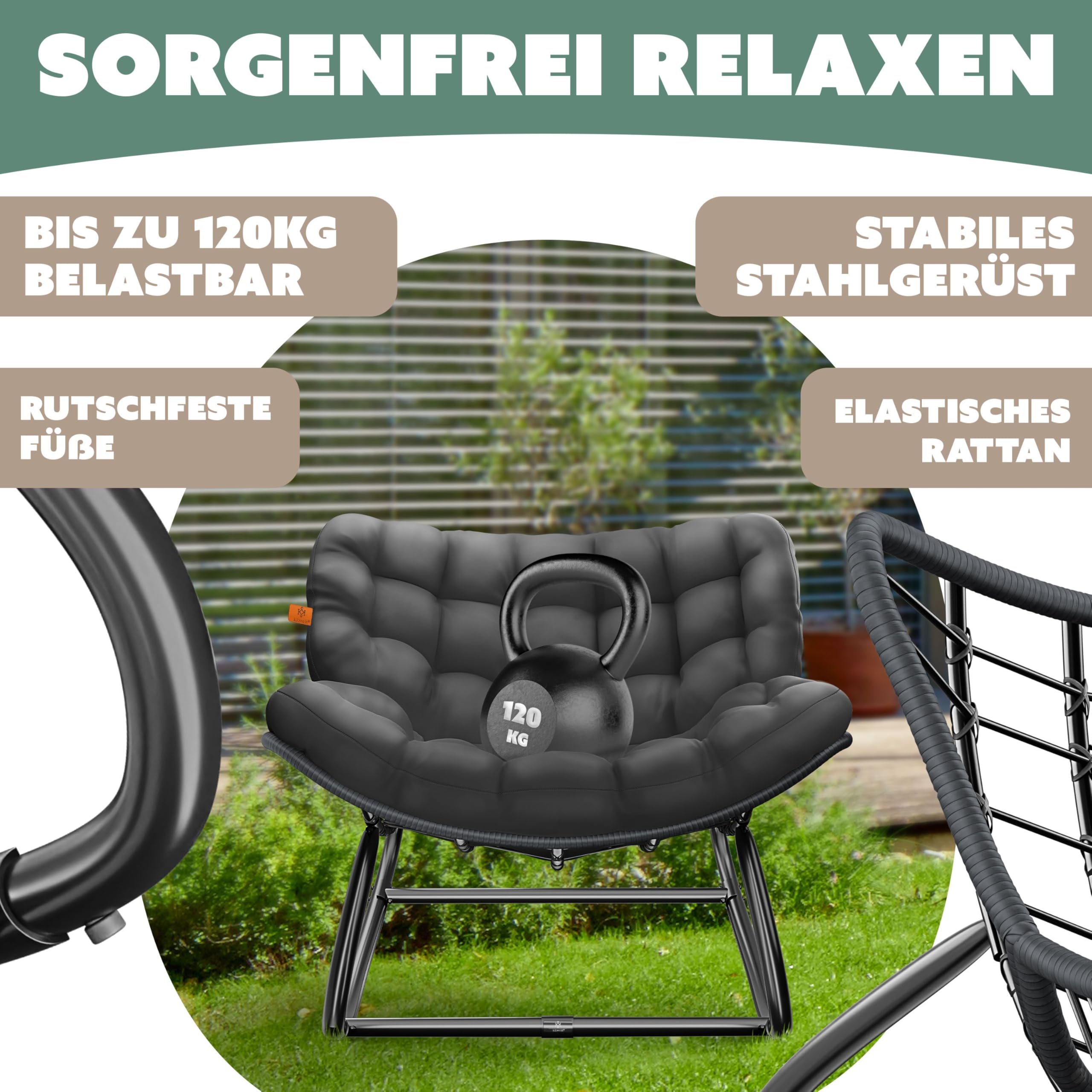 KESSER® Schaukelstuhl XXL Outdoor, ergonomischer Schaukelsessel mit Sitzpolster für In- & Outdoor, Relaxsessel Garten, Balkon Sessel, wetterfester Gartenstuhl bequem, rutschfest, bis 150kg, Anthrazit