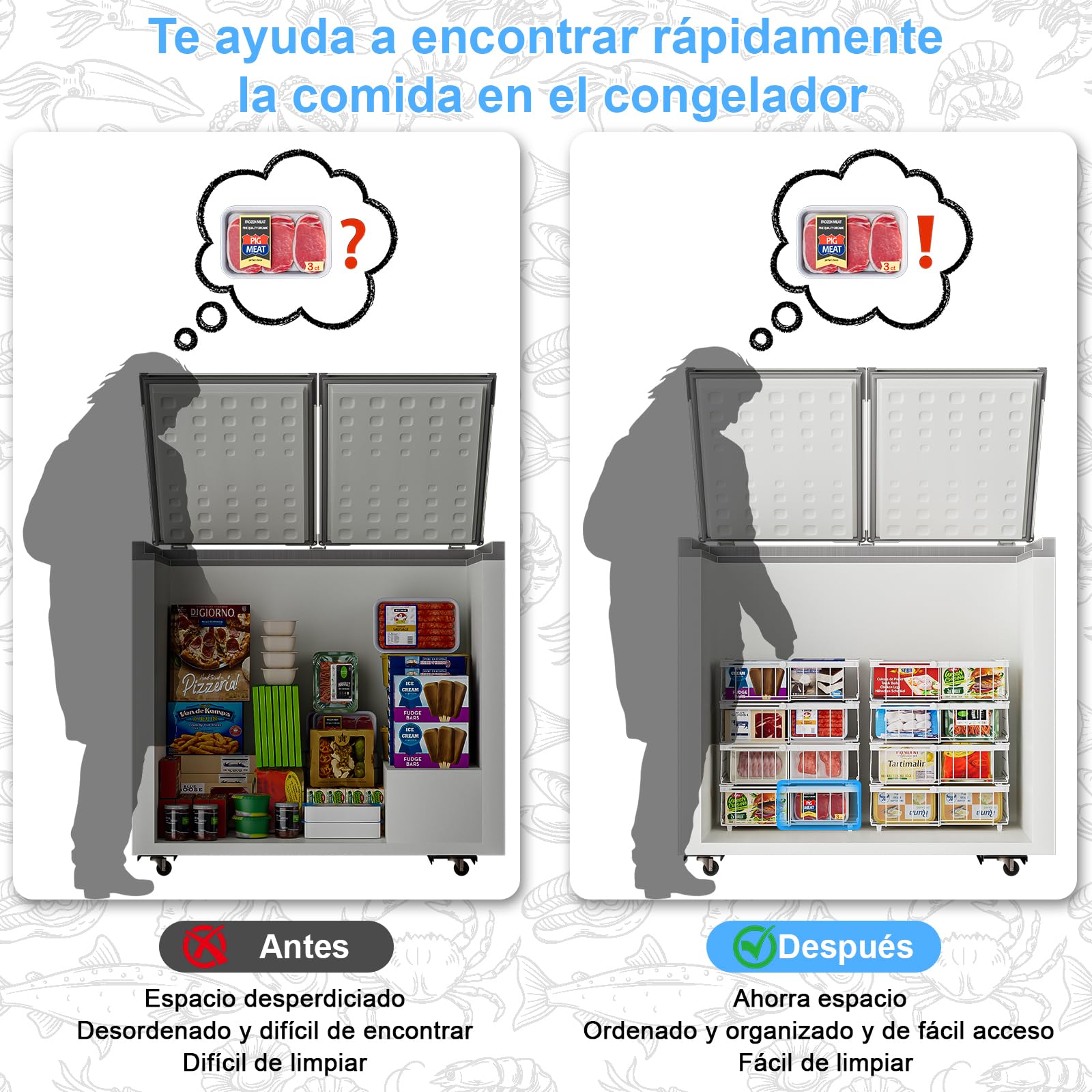 4 Piezas Organizador Congelador Cestas Apilables Para Congelador con Asa,Metal Organizador Arcon Congelador Apilable Extensible,(29-45.5x30.5x15cm) Blanco