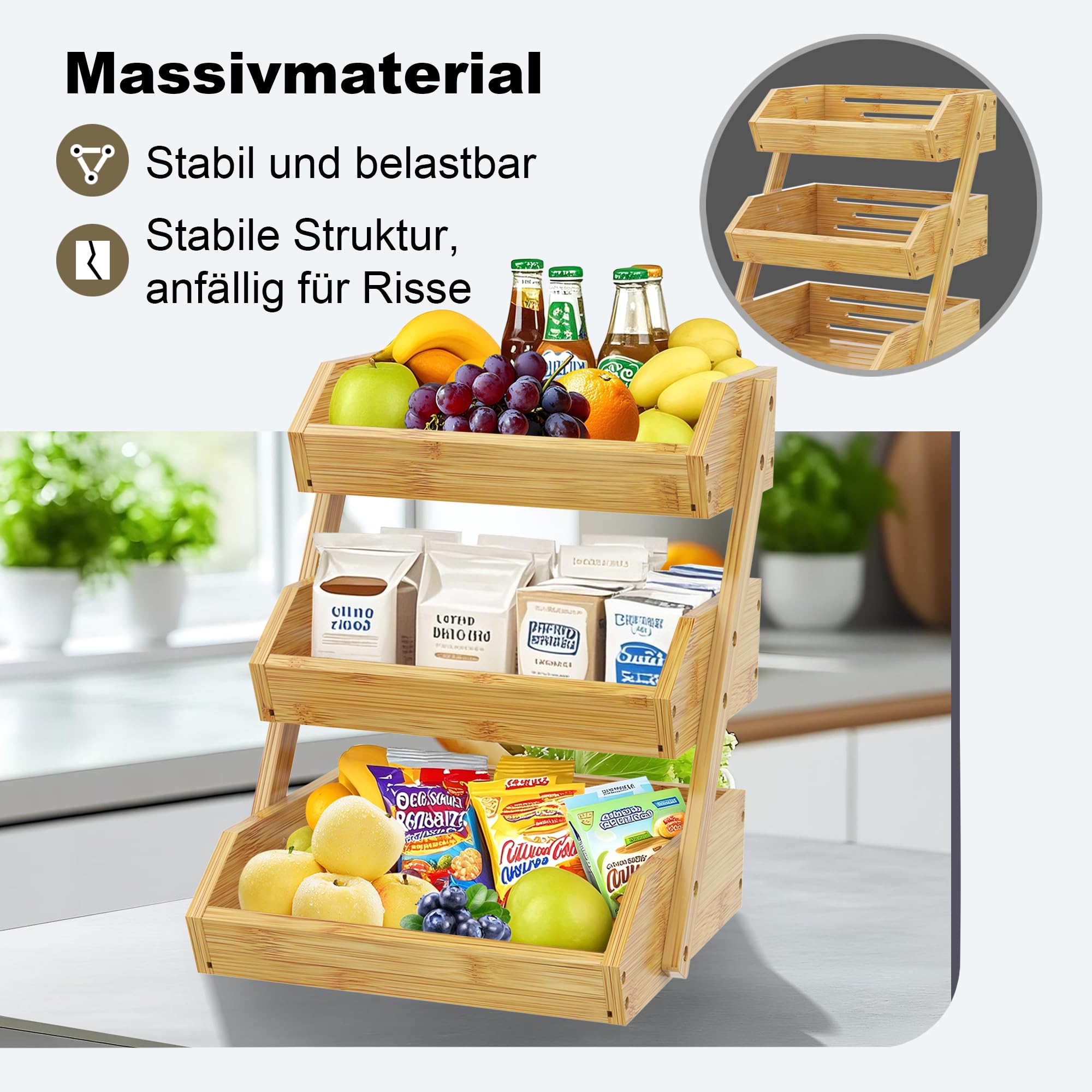 ADEL DREAM Bambus-Obstkorb 3-stöckiger Servierkorb Obstschale und Natürliches Aufbewahrungskorb-Regal Snack-Ausstellungsständer perfekt für Obst Gemüse Snacks Haushaltswaren und mehr Bambus