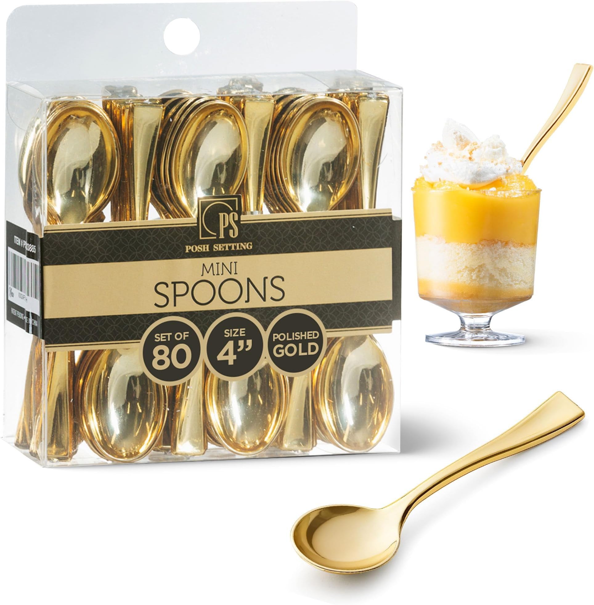 Posh Setting Disposable Gold Plastic Mini Spoons, 72 Count, 4 Inch, Great for Desserts, Sampling, or Appetizers