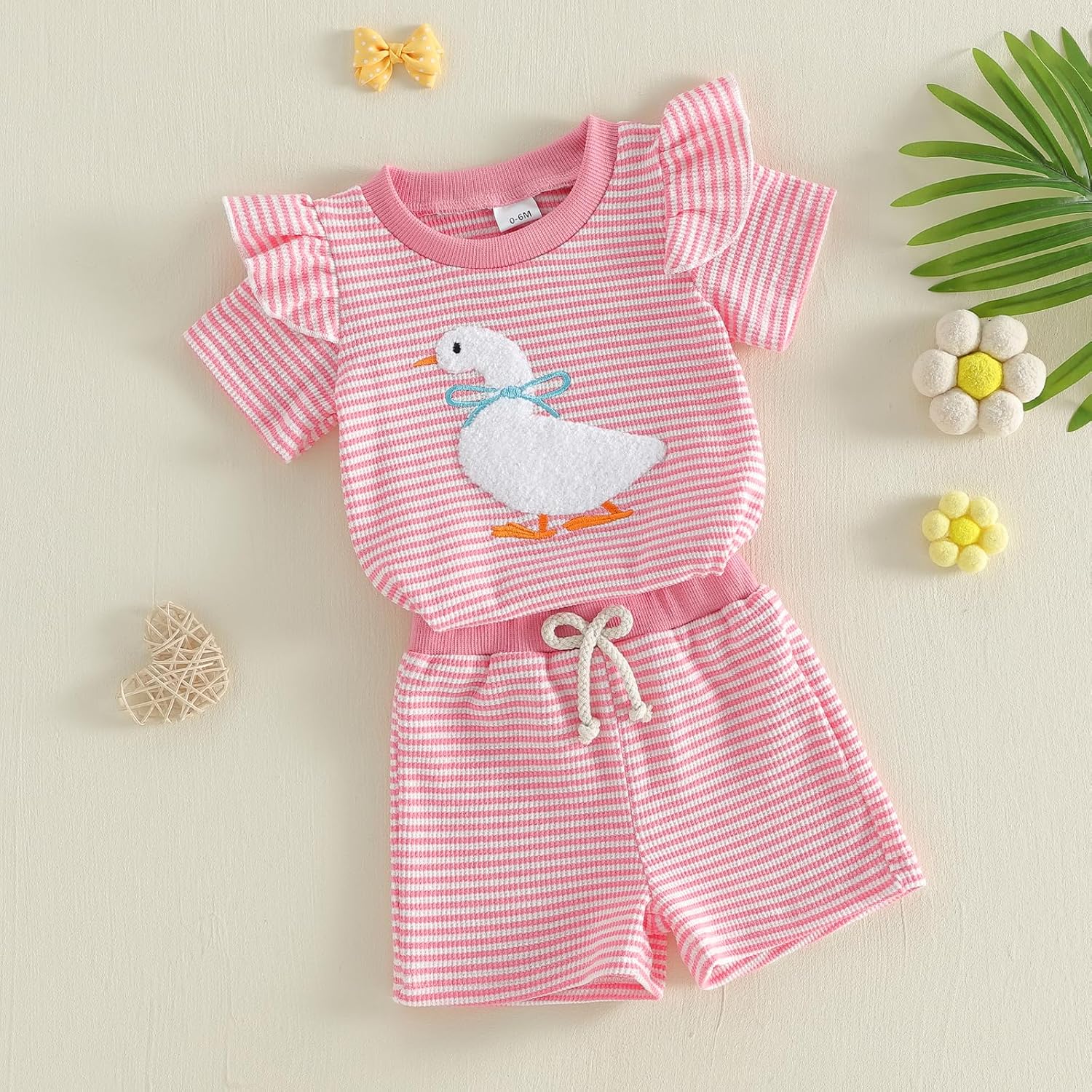 Toddler Baby Girl Outfit Silly Goose Embroidery Ruffle Short Sleeve Shirt Stripe Waffle Knit Shorts Set Summer Clothes