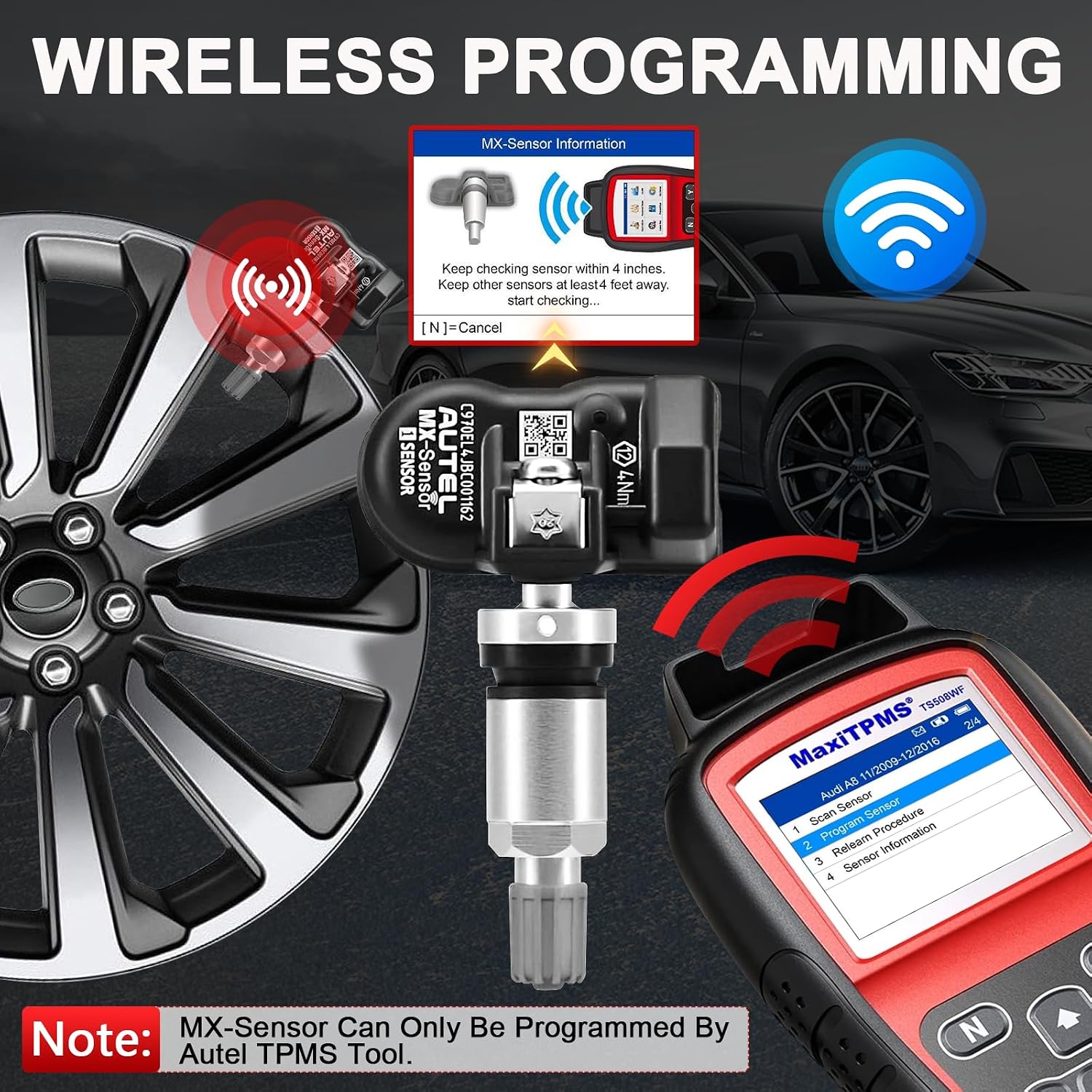 Autel MX-Sensors TPMS Sensors 4 Pack Metal Valve | 315/433 MHz Dual Frequency, Universal for 99% Vehicles, Programmable by Autel TPMS Tool
