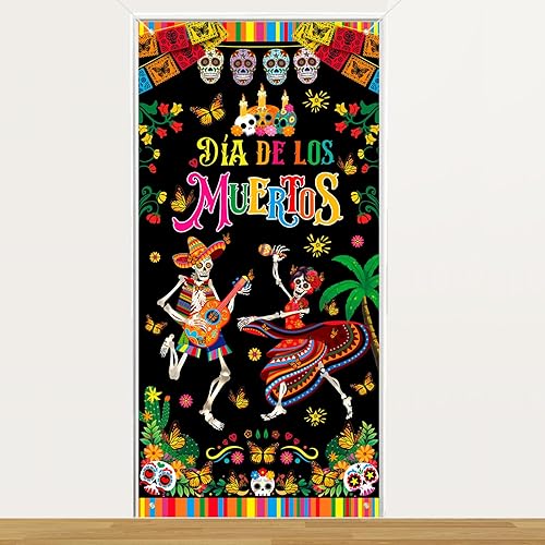 HOWAF Dia De Los Muertos - Cubierta para puerta, decoración de fiesta del Día de los Muertos, pancarta de bienvenida con calavera de azúcar y