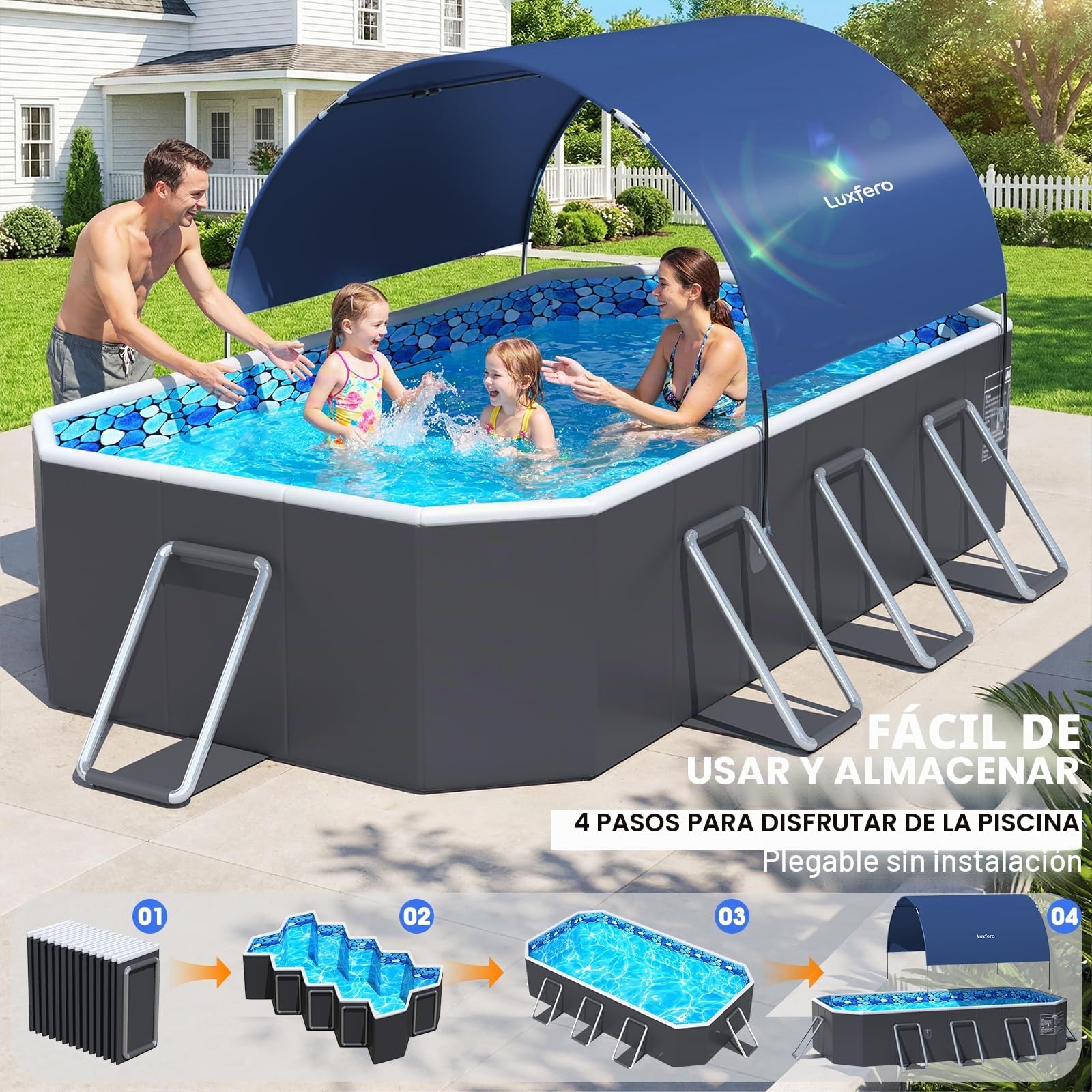 Luxfero Piscina Desmontable Rectangular con Toldo Solar, Piscina Desmontable Tubular Plegable, Piscina Rectangular de Exterior Épaissi, Fácil de Guardar Piscina para Adultos y Niños, 228 x 127 x 50 cm