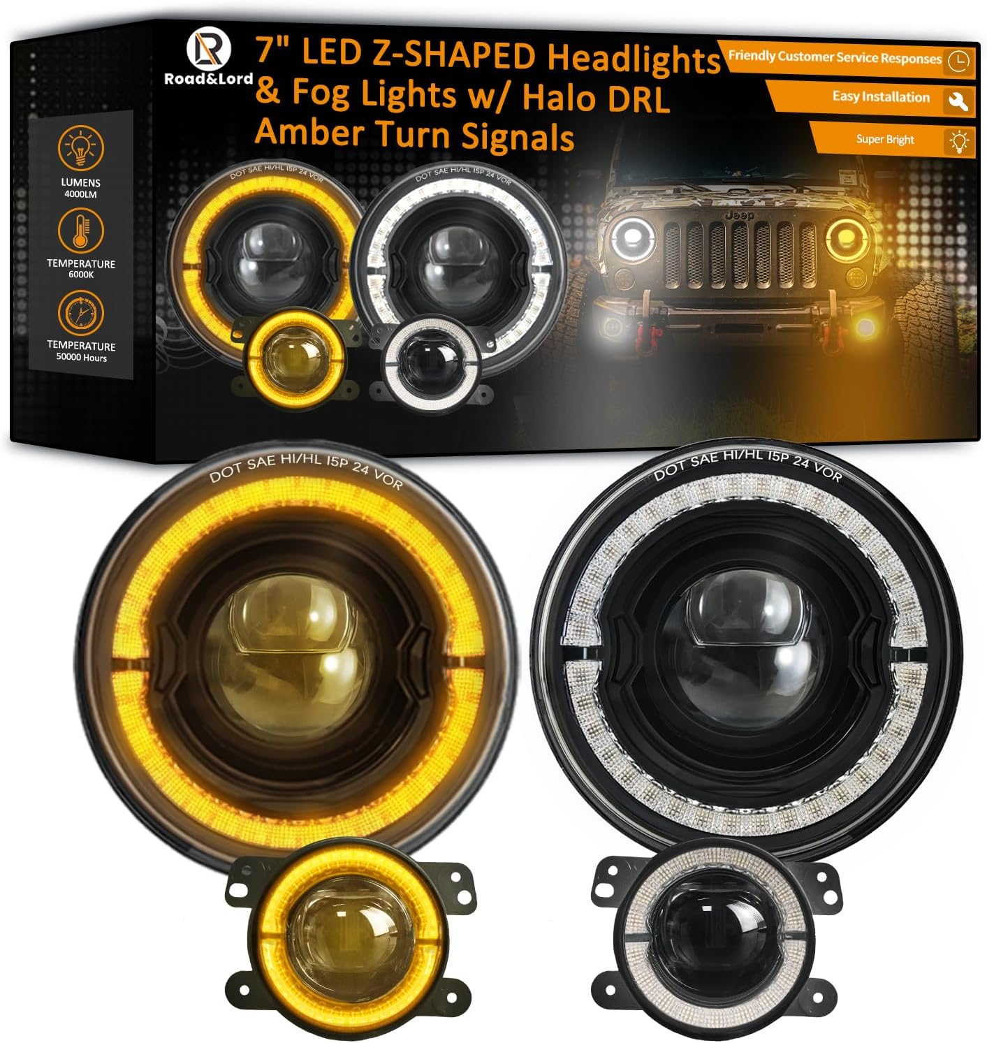 7 Inch Led Headlights + 4 inch LED Fog Lights Round Z-shaped Cutoff H6024 Anti-glare Headlamp with DRL/Turn Signal for Compatible with Jeep Wrangler 1997-2017 JK LJ Tj DOT Approved