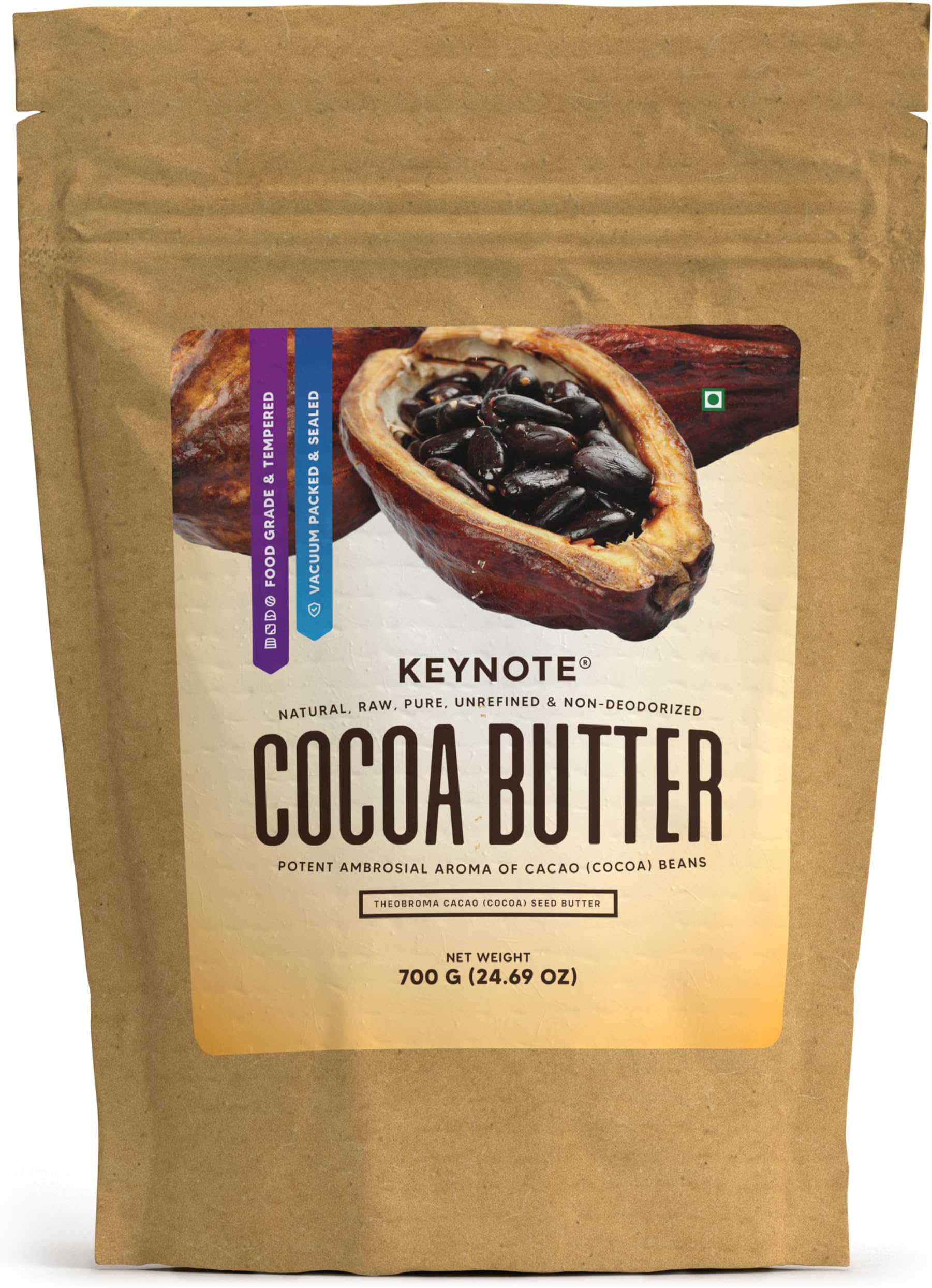 Keynote Cocoa Butter Pure Raw | Food-Grade Non-Deodorized Natural Tempered Cacao Butter | Vacuum Pack 700 g