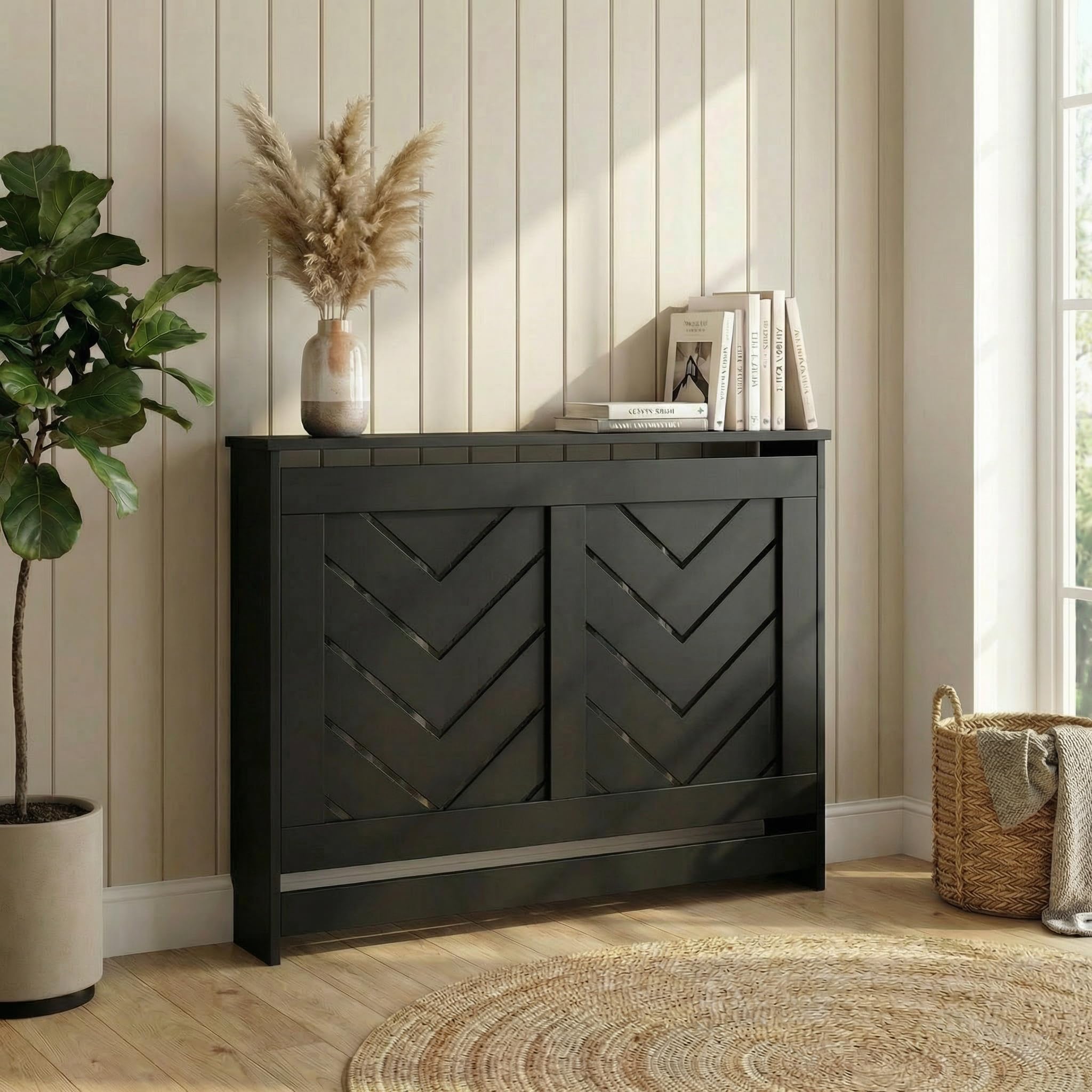 DuraTherm® Arrow Radiator Cover Black Modern Chevron Slat Shelves MDF Cabinet Shelf for Radiators, Living Rooms, Bedrooms, Medium (W: 111.5cm / H: 81.5cm / D: 21cm)