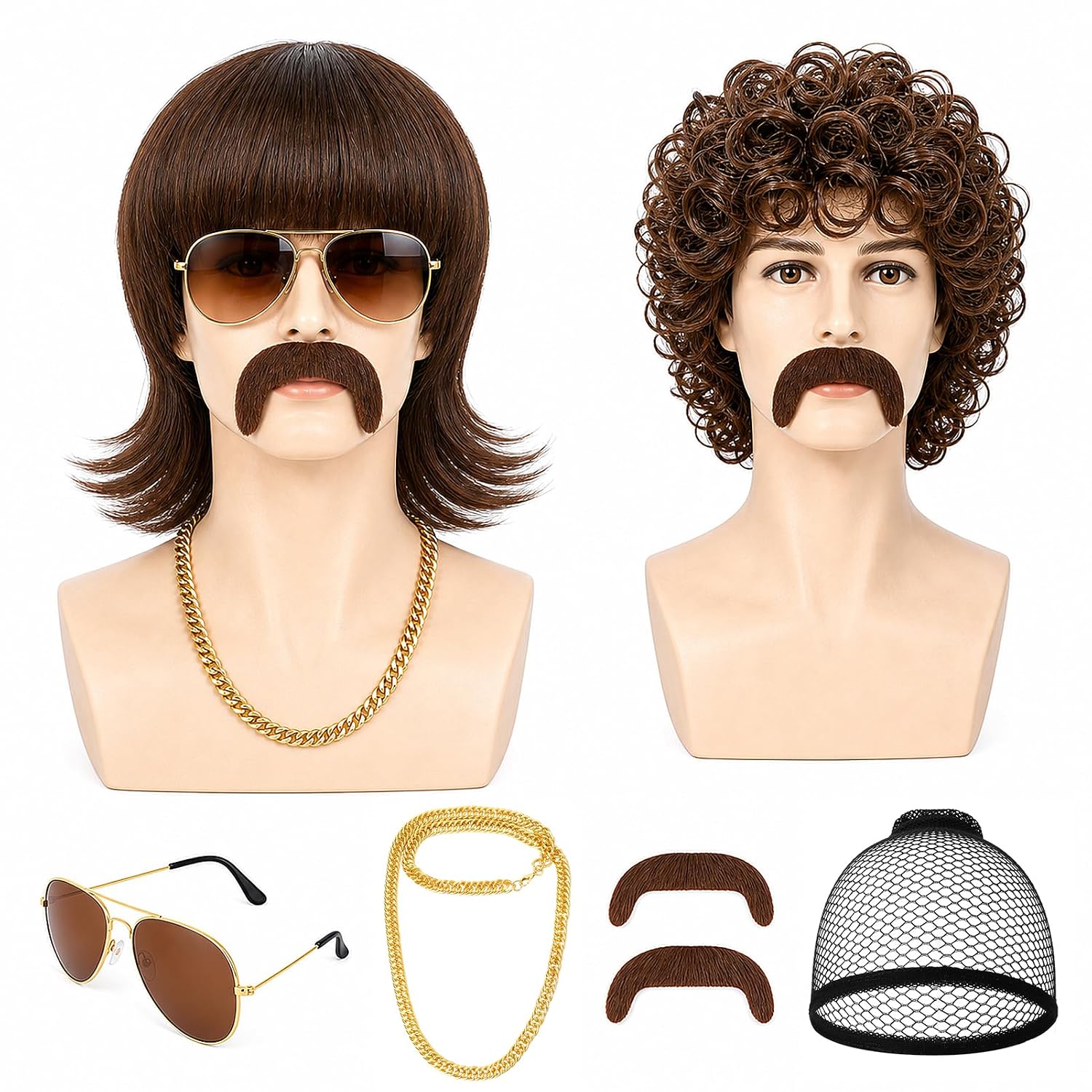 2 Set 70s 80s Disco Wigs Accessories for Men Brown Afro Curly Mullet Wig | Retro 70s 80s Disco Rocker Wig Costume Party Outfit for Men
