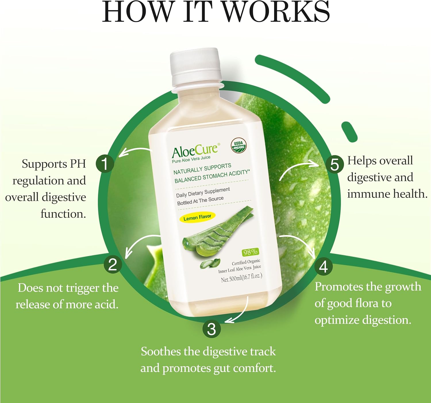 AloeCure USDA Organic Aloe Vera Juice Lemon Flavor - Made Within 12 Hours of Harvest - Natural Digestive Supplement for Balanced Stomach Acidity - Support Digestive and Immune Health, 4 Btls x 16.7oz