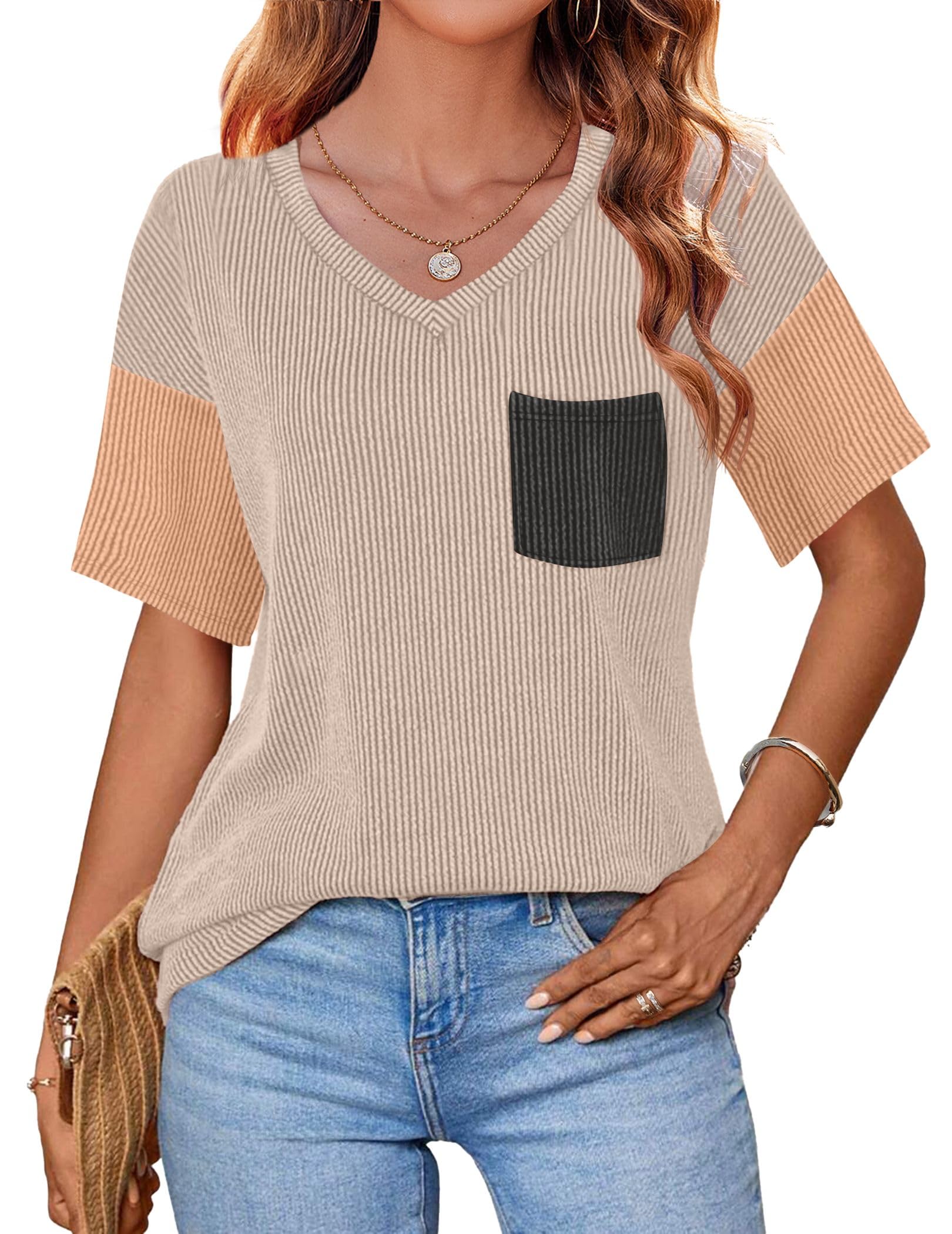 Zeagoo Women's Summer Tops Short Sleeve V Neck Ribbed T-Shirts Loose Casual Tee Tops with Pocket