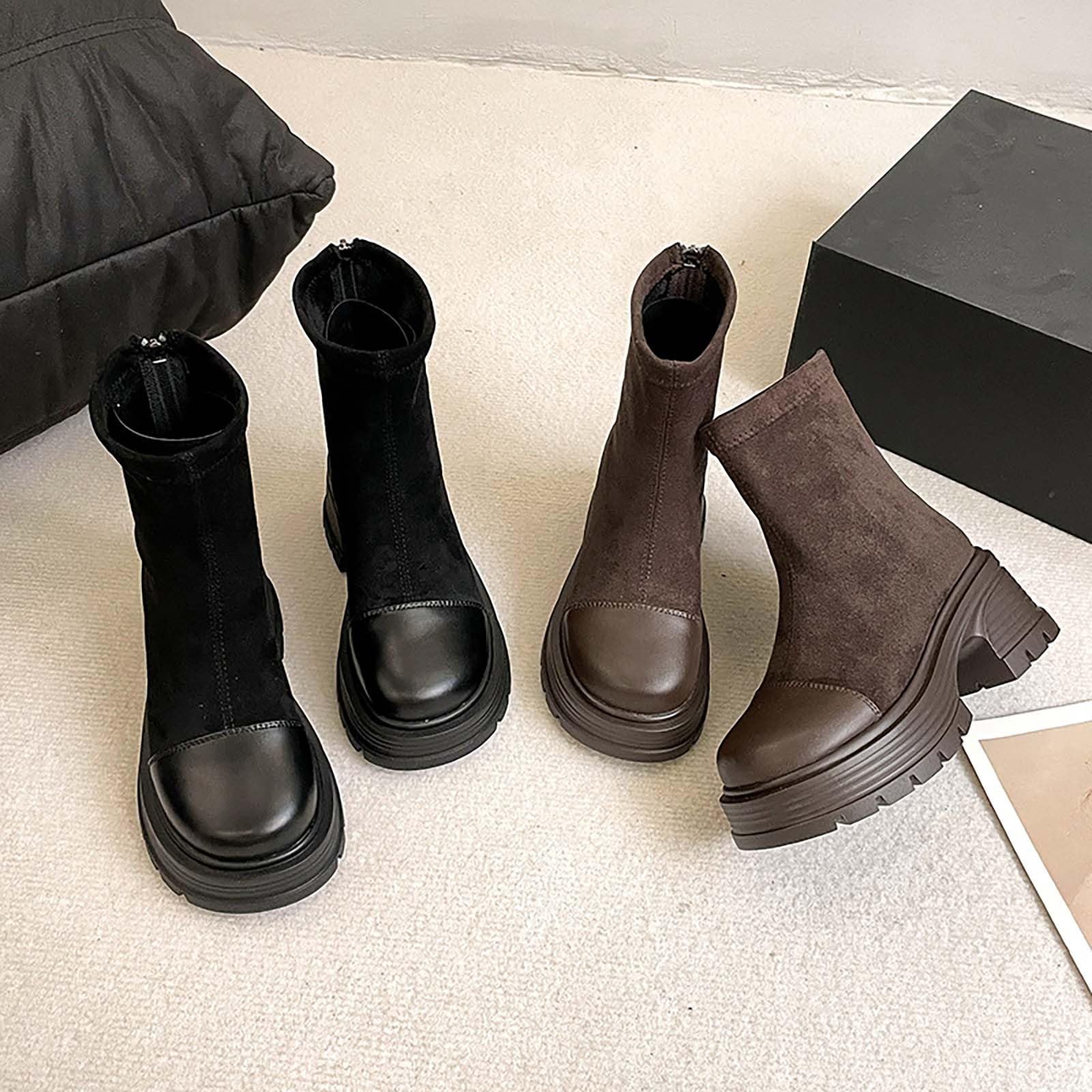 Stivaletti da equitazione da donna con calda imbottitura, impermeabili, in pelle scamosciata, con plateau e plateau, eleganti stivaletti Chelsea con chiusura a strappo, con punta tonda, colore marrone