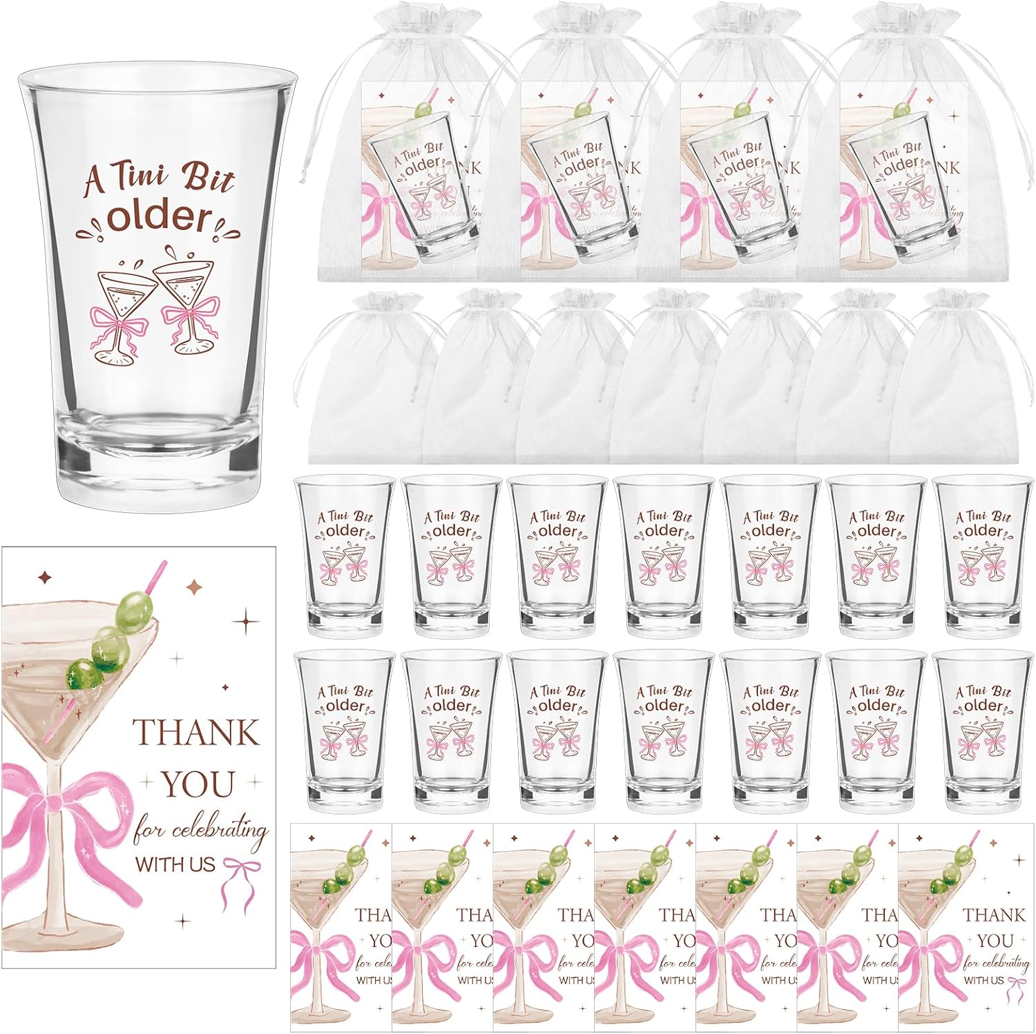 36 Sets A Tini Bit Older Acrylic Shot Glasses Plastic Martini Birthday Cups with Thank You Cards Organza Bags for Martini Bow Party Supplies a Tini Bit Older Birthday Decor (Pink)