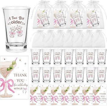 36 Sets A Tini Bit Older Acrylic Shot Glasses Plastic Martini Birthday Cups with Thank You Cards Organza Bags for Martini Bow Party Supplies a Tini Bit Older Birthday Decor Brown