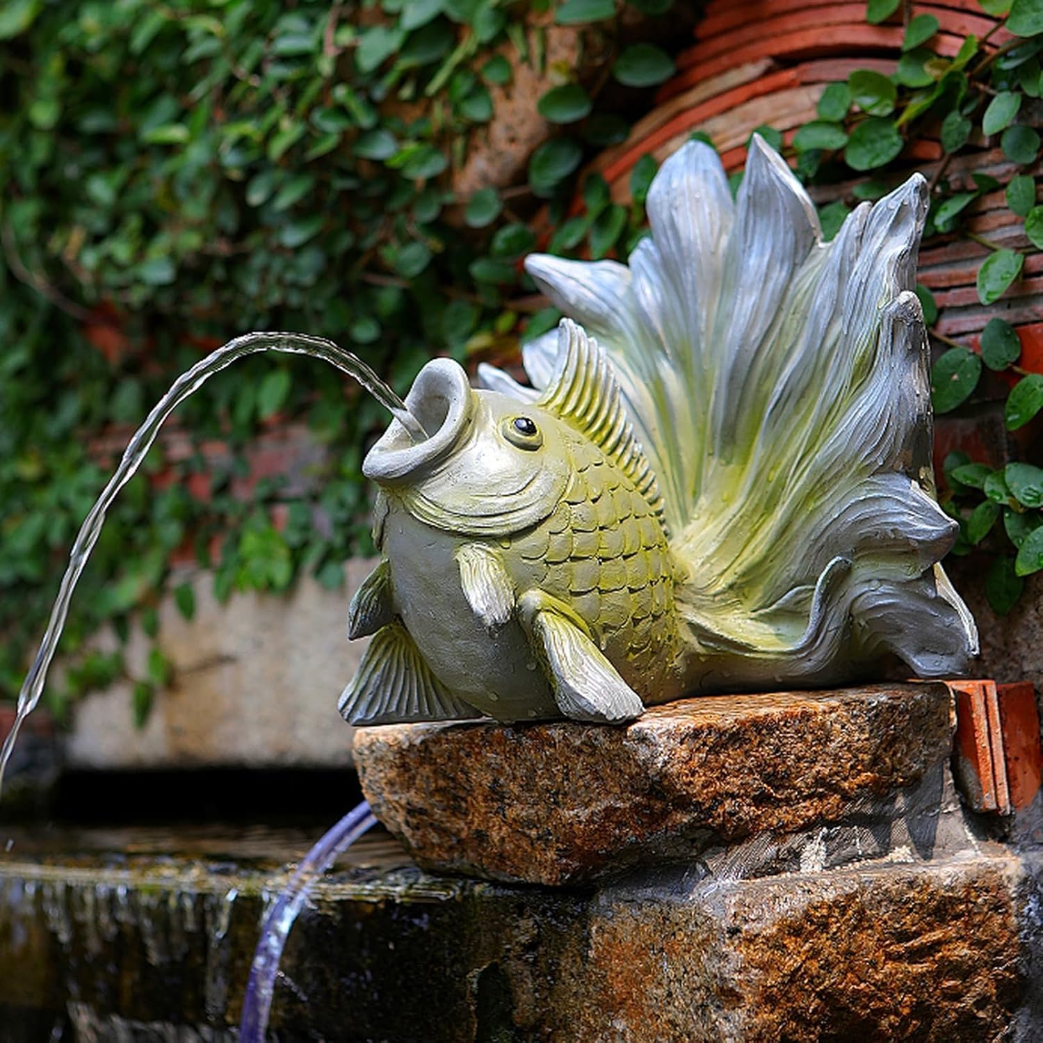 Goldfish Shape Pond Water Spitters for Ponds and Water Gardens, Spouting Carp Fish Statue Fountain Spray Accessories for Home Outdoor Koi Pond Decor(10.63"×7.87", BMossy)