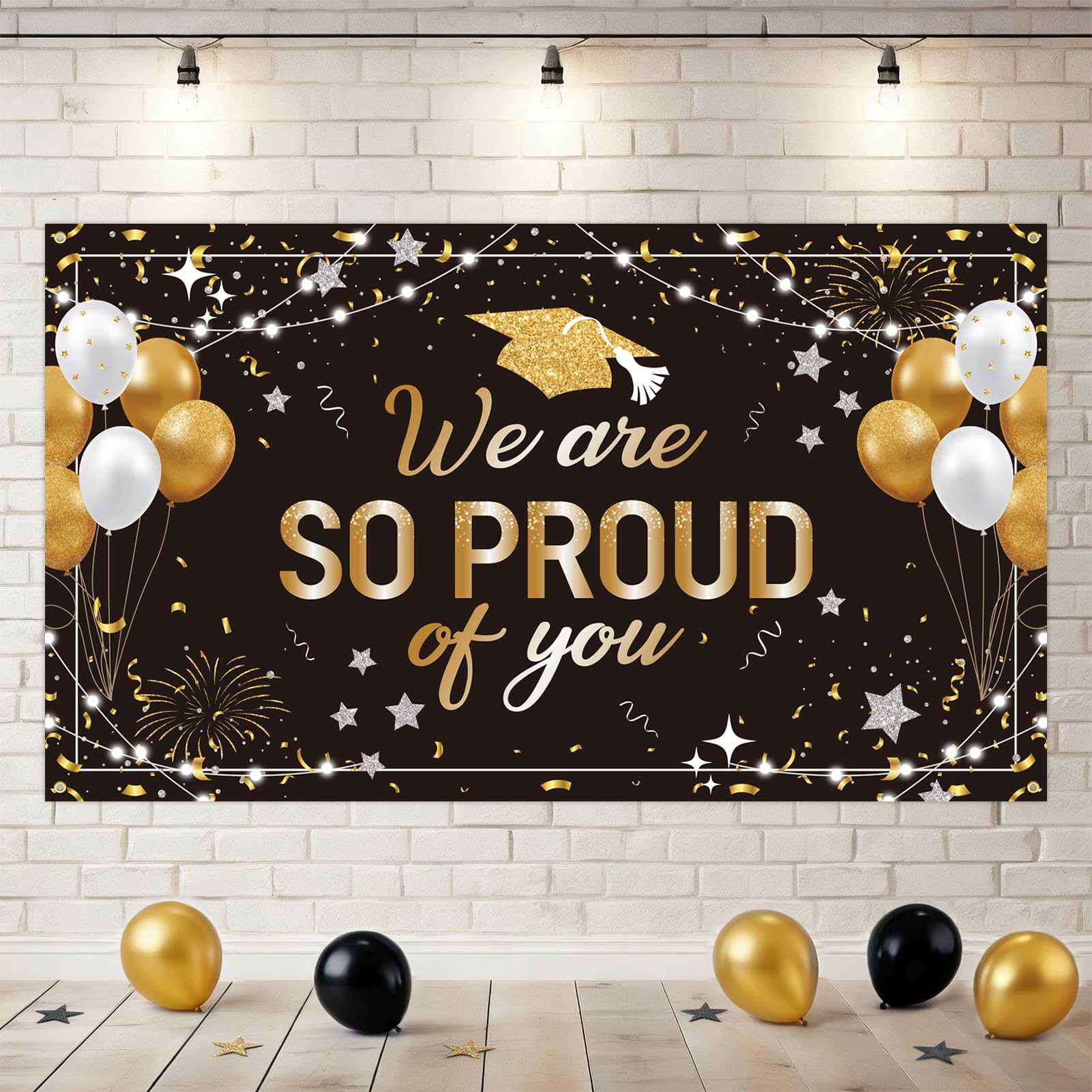 DAZONGE Graduation Decorations Black and Gold - Graduation Backdrop Banner - "We Are SO PROUD of You" Extra Large Photo Booth Background Decor Sign for Graduation Party Decorations Favors Supplies