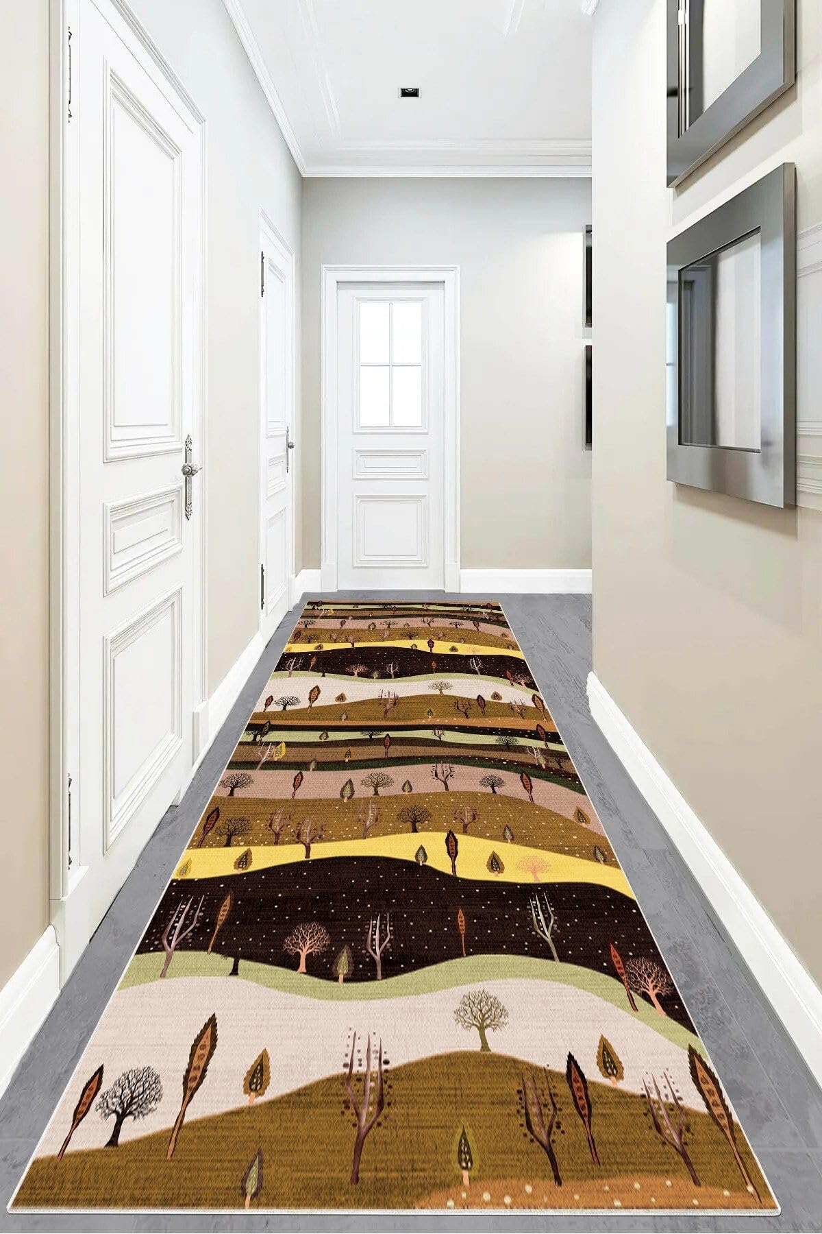 Pelangi Ağaç Desenli Sonbahar Renkleri Dijital Baskı Yıkanabilir Modern Salon Halı ve Yolluk, Kahverengi 100 x 300, 95552851003007