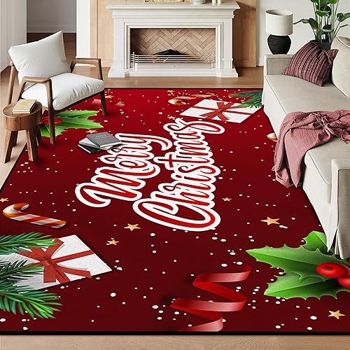 Miniatura 15 de Alfombra de área de 5' x 7' para Navidad, alfombra para dormitorio y sala de estar, alfombra decorativa de Navidad, alfombra antideslizante