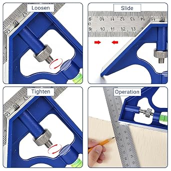 Combination Square 12, Combo Square with Zinc Alloy Body, Stainless Steel Double Sided Ruler with 0-300mm Graduations, 45 90 Degree Marking, Measuring Tool for Woodworking