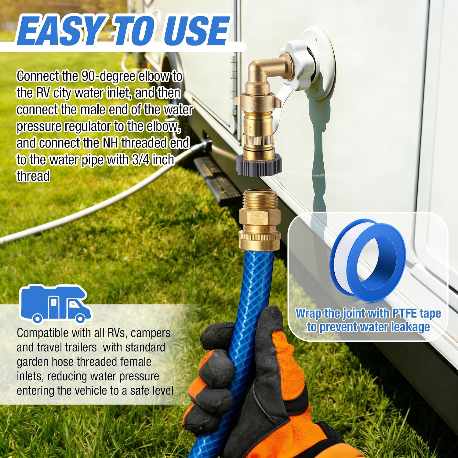 Hohean RV Water Regulator 40-50 PSI with 90 Degree Hose Elbow, Lead-Free Brass Pressure Regulator with 3/4 Inch Garden Hose Thread for Camper Trailer Plumbing System