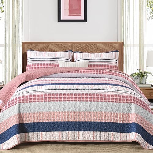 Vista 52 de DJY Juego de edredón a rayas tamaño Queen, juego de colcha bohemia de 3 piezas de color verde salvia, juego de ropa de cama de microfibra suave