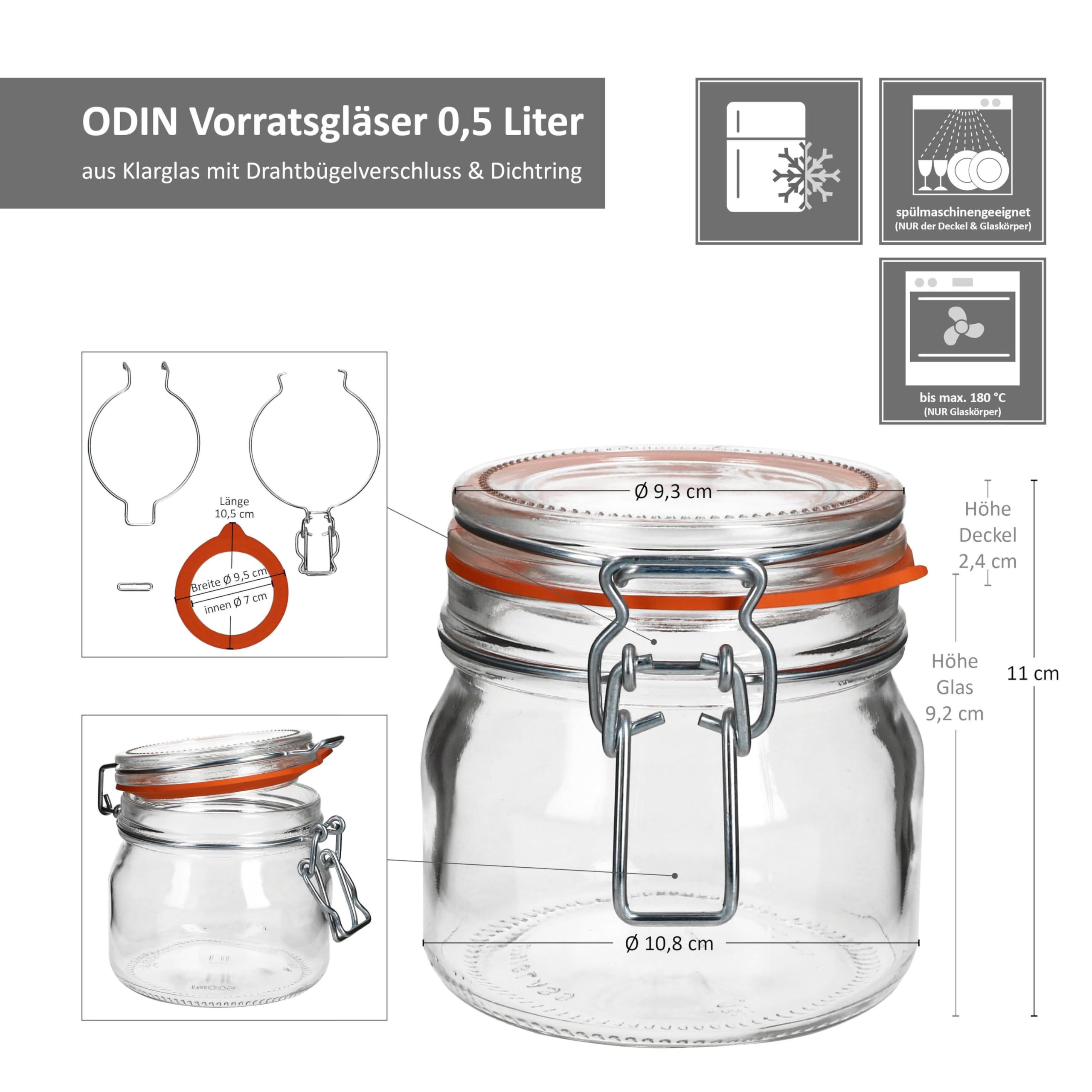 MamboCat Odin - Set di 12 barattoli per conserve con chiusura a leva, 0,5 litri, con chiusura in filo metallico e anello di tenuta, per conserve, conserve e fermentazione, ermetici