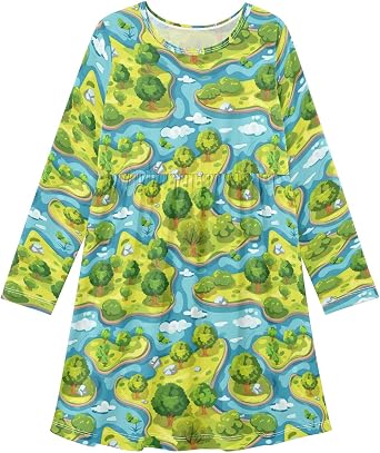 Girls Long Sleeve Dress Crewneck Dresses Island River Landscape Pattern A-Line Casual Holiday Dress 3-11T